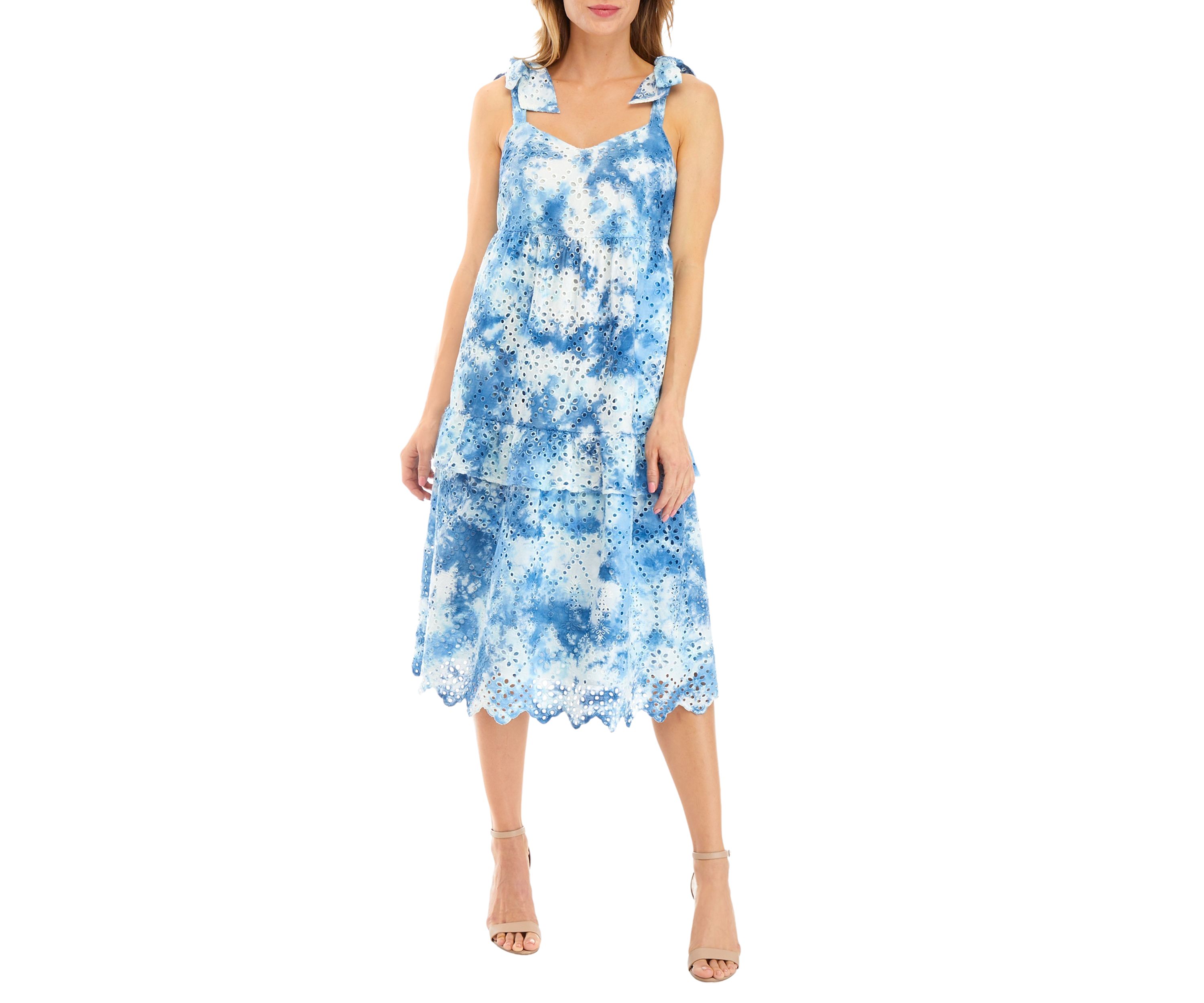 Womens Bow Strap Tie Dye Eyelet Midi Dress