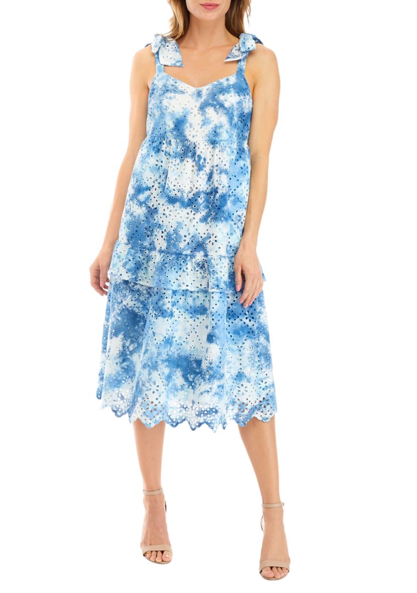 Womens Bow Strap Tie Dye Eyelet Midi Dress