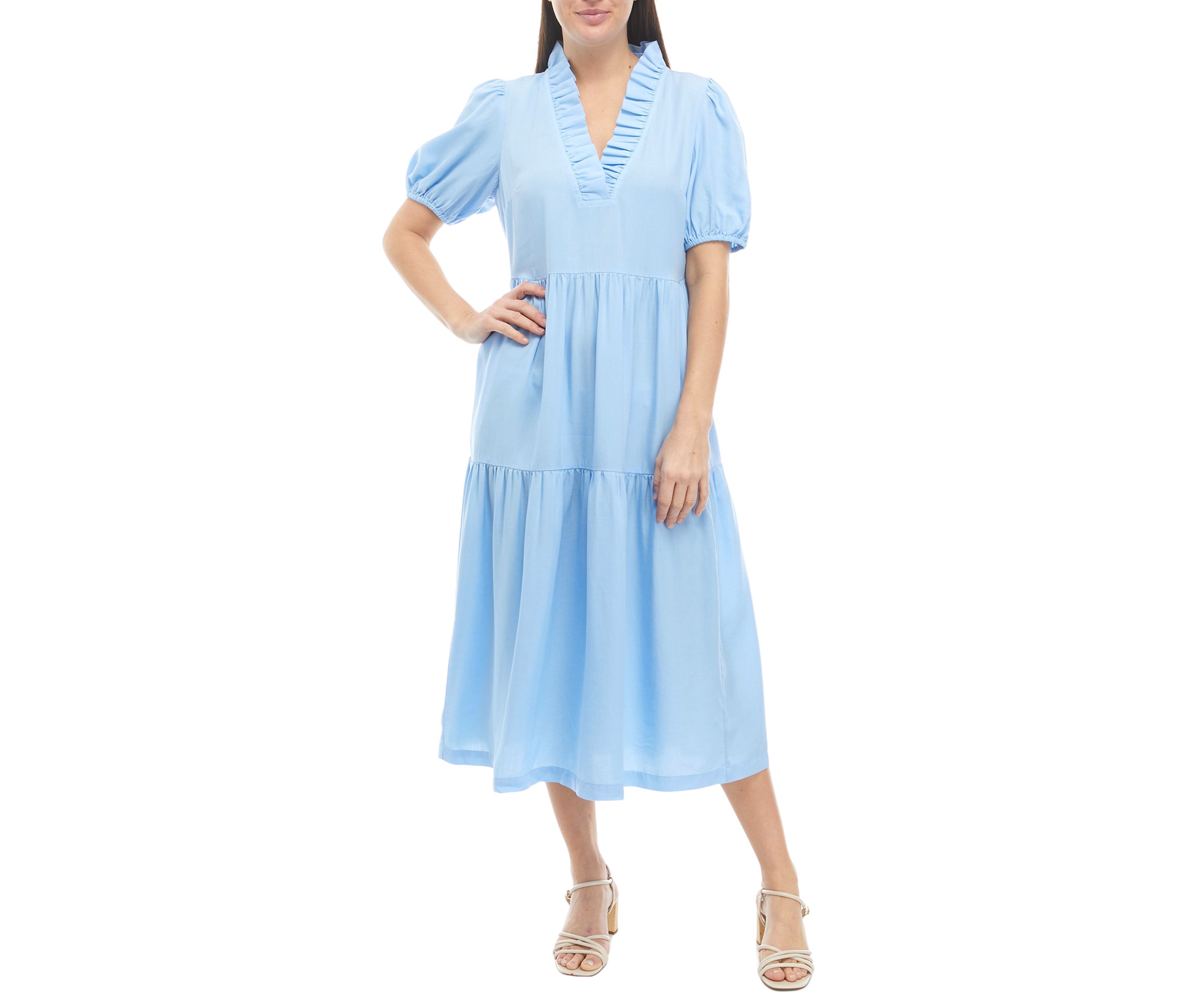 Womens Puff Sleeve Ruffled V-Neck Midi Dress
