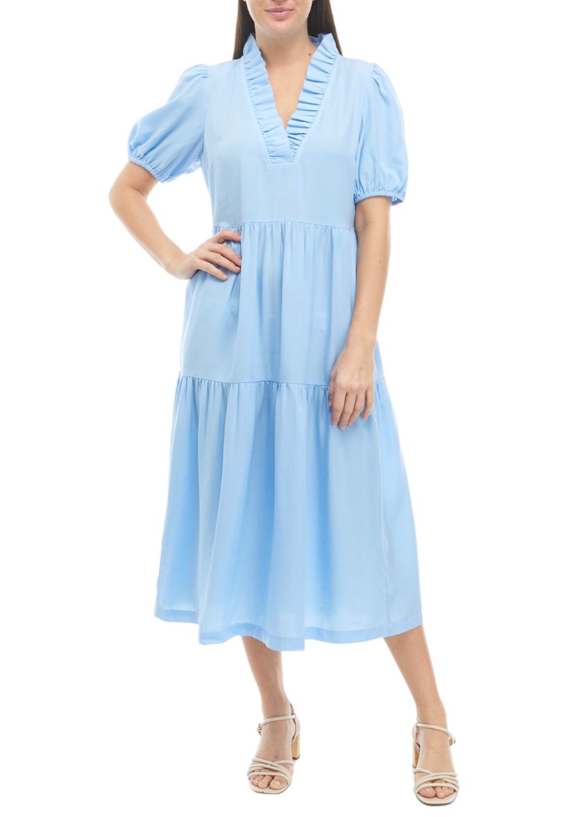 Womens Puff Sleeve Ruffled V-Neck Midi Dress