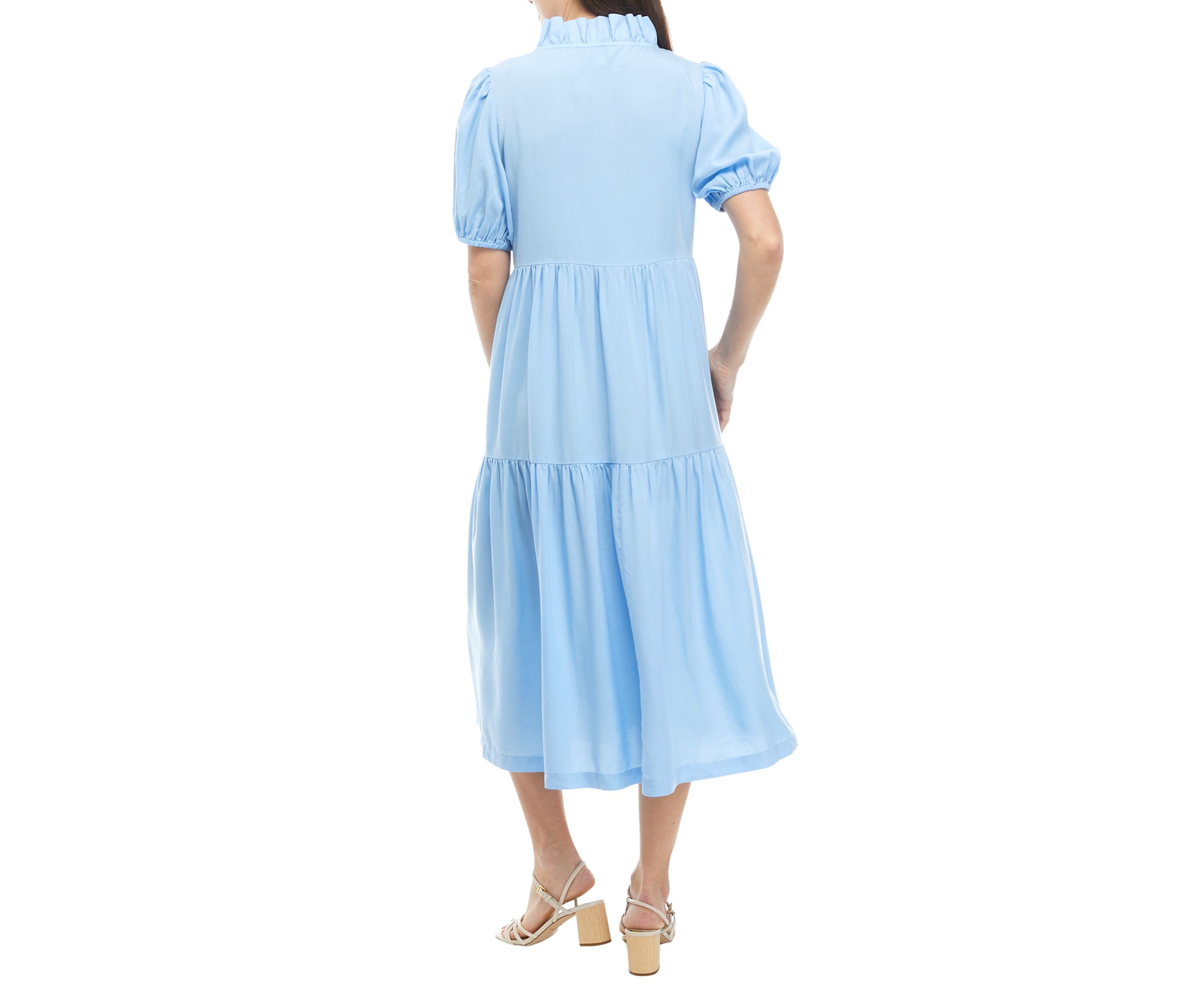 Womens Puff Sleeve Ruffled V-Neck Midi Dress