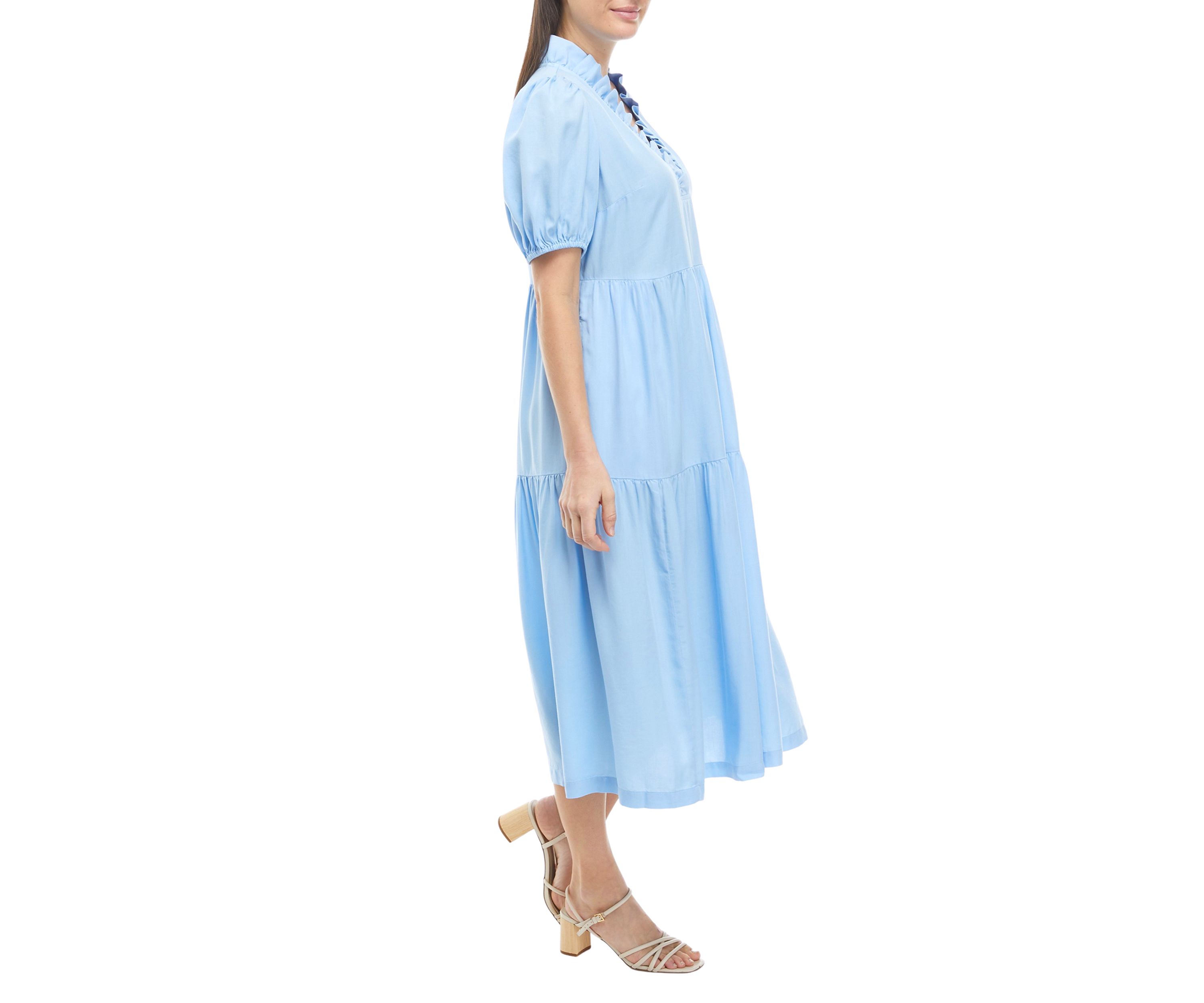 Womens Puff Sleeve Ruffled V-Neck Midi Dress