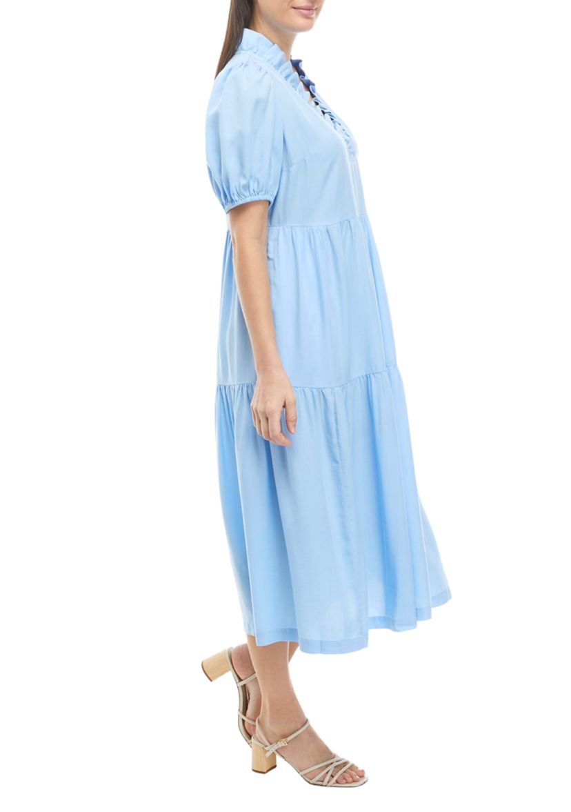 Womens Puff Sleeve Ruffled V-Neck Midi Dress