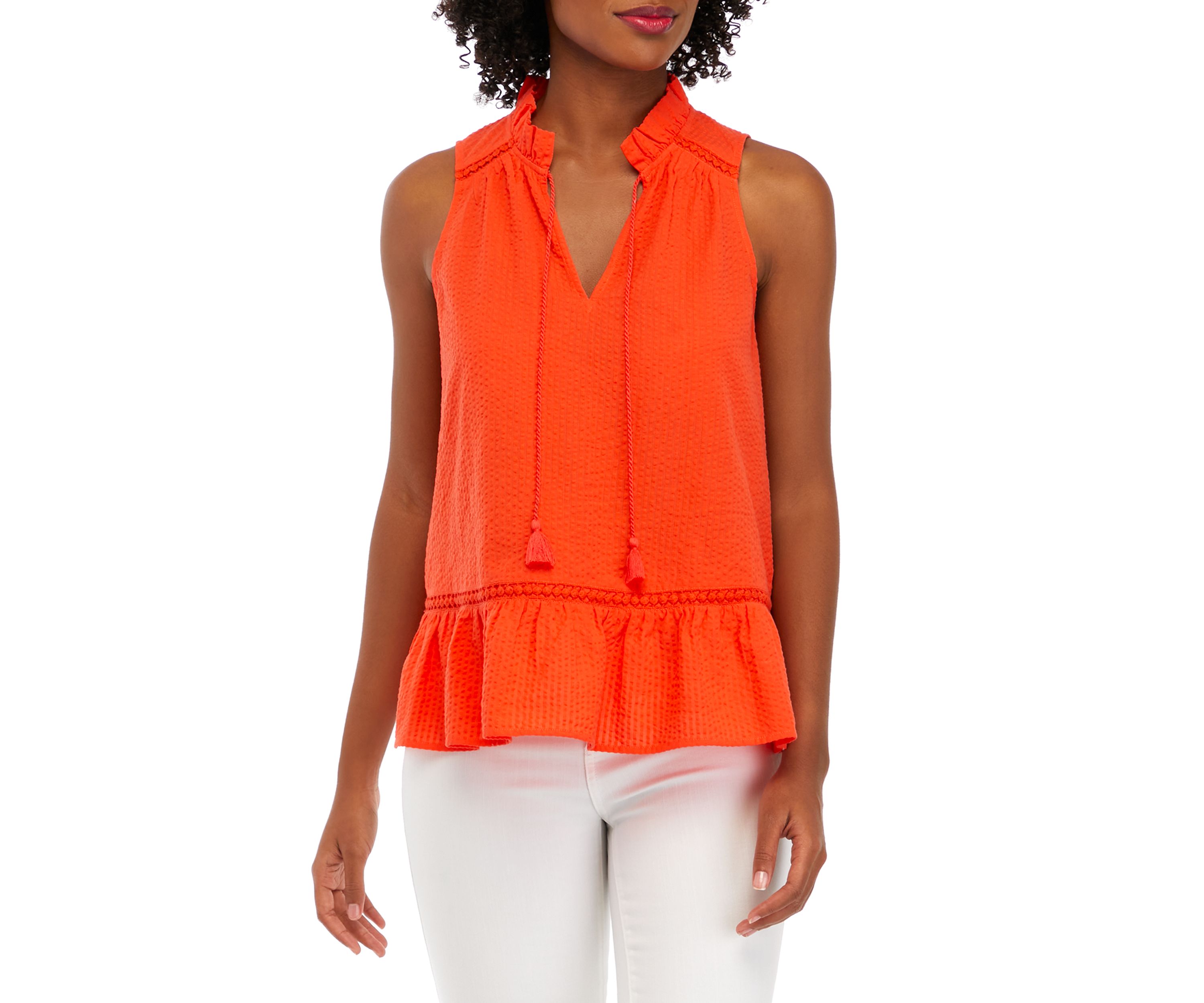 Womens Sleeveless Ruffle Neck Shirt 