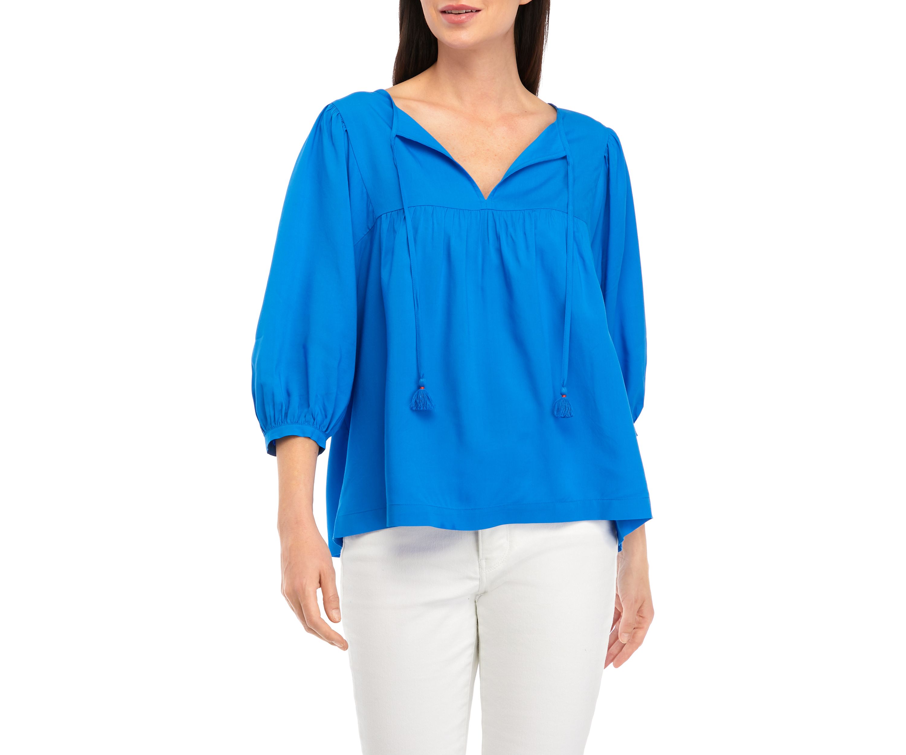 Womens Blouson Tie Neck Peasant Top