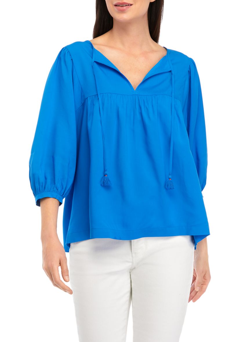 Womens Blouson Tie Neck Peasant Top