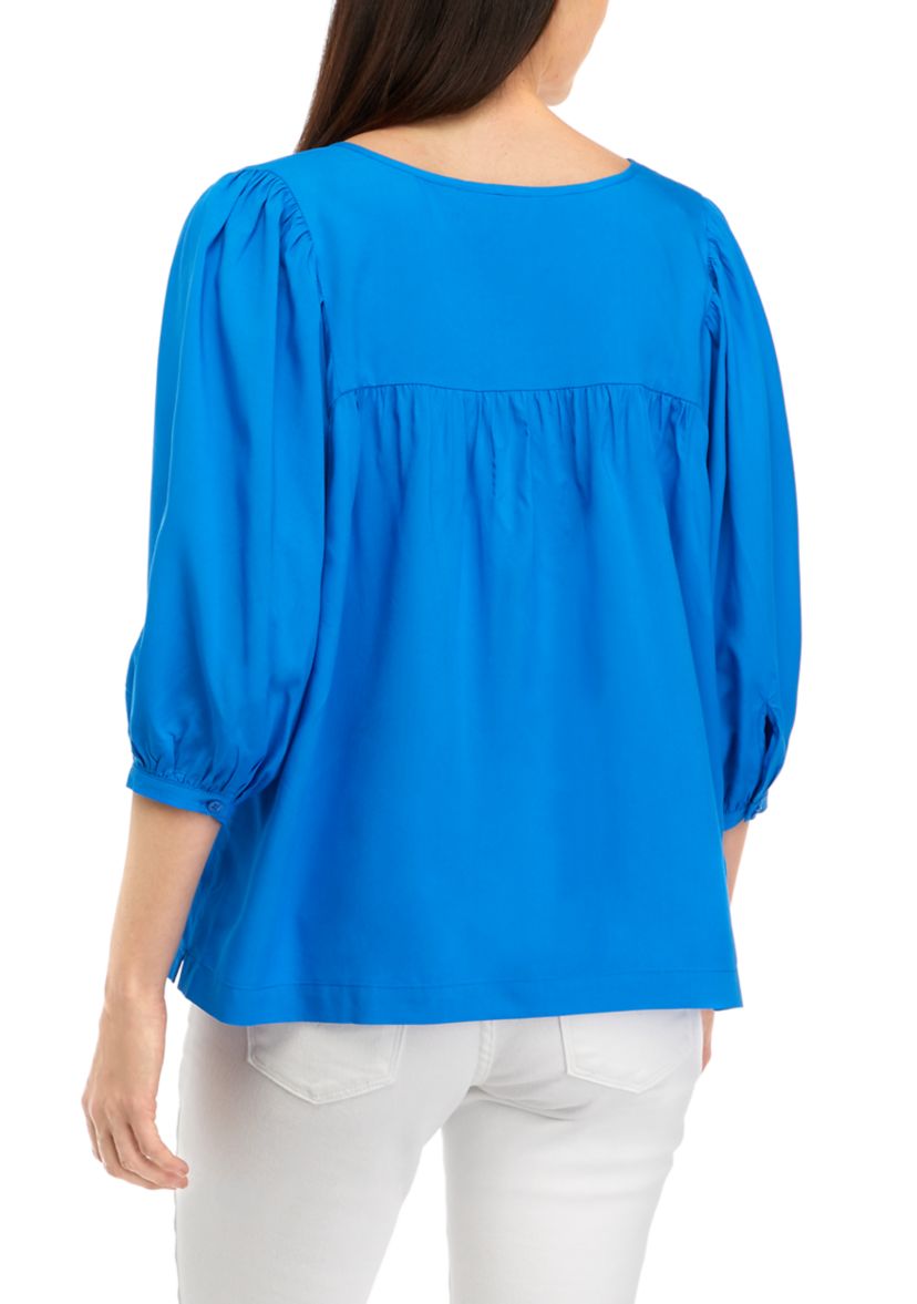 Womens Blouson Tie Neck Peasant Top