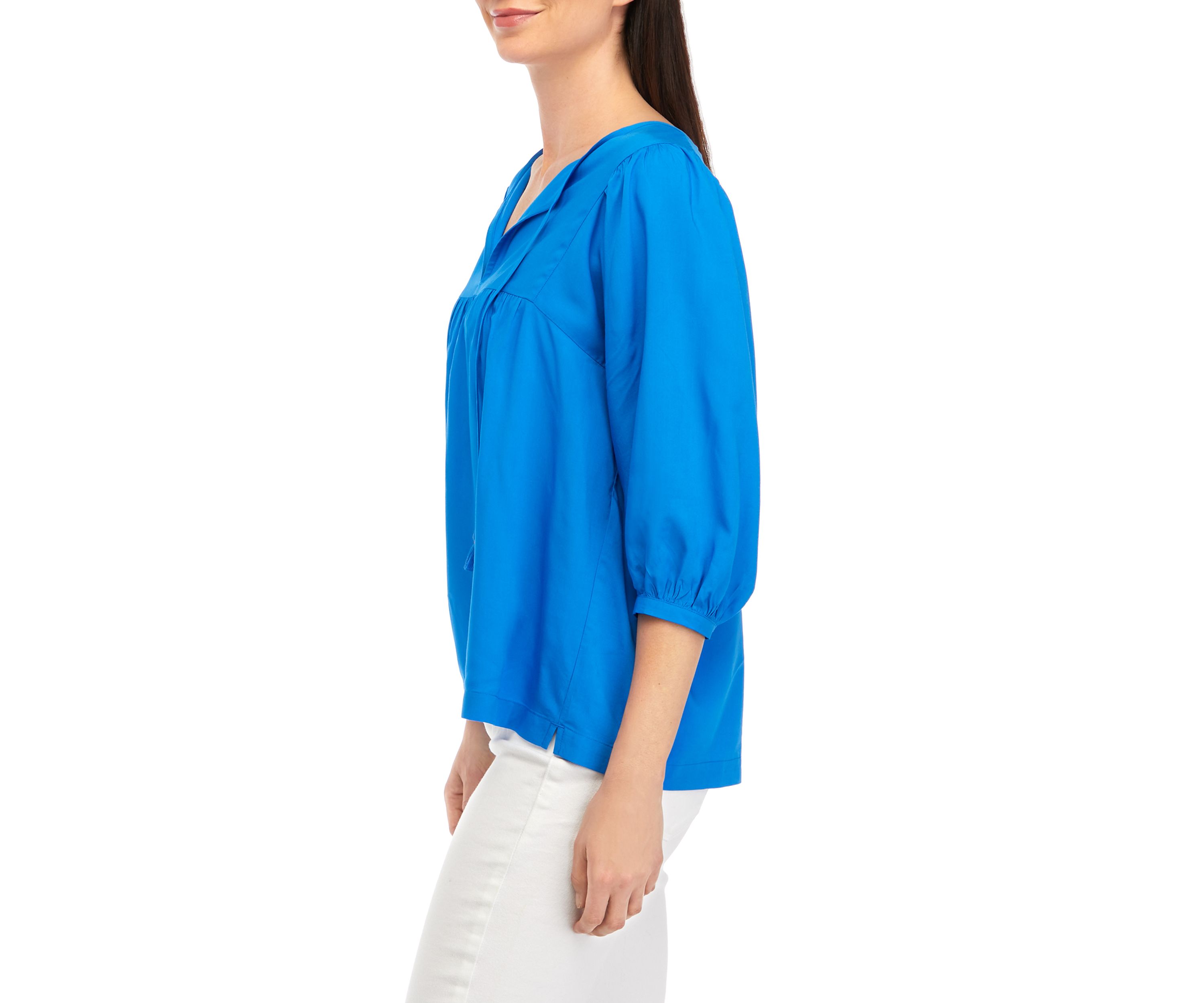 Womens Blouson Tie Neck Peasant Top