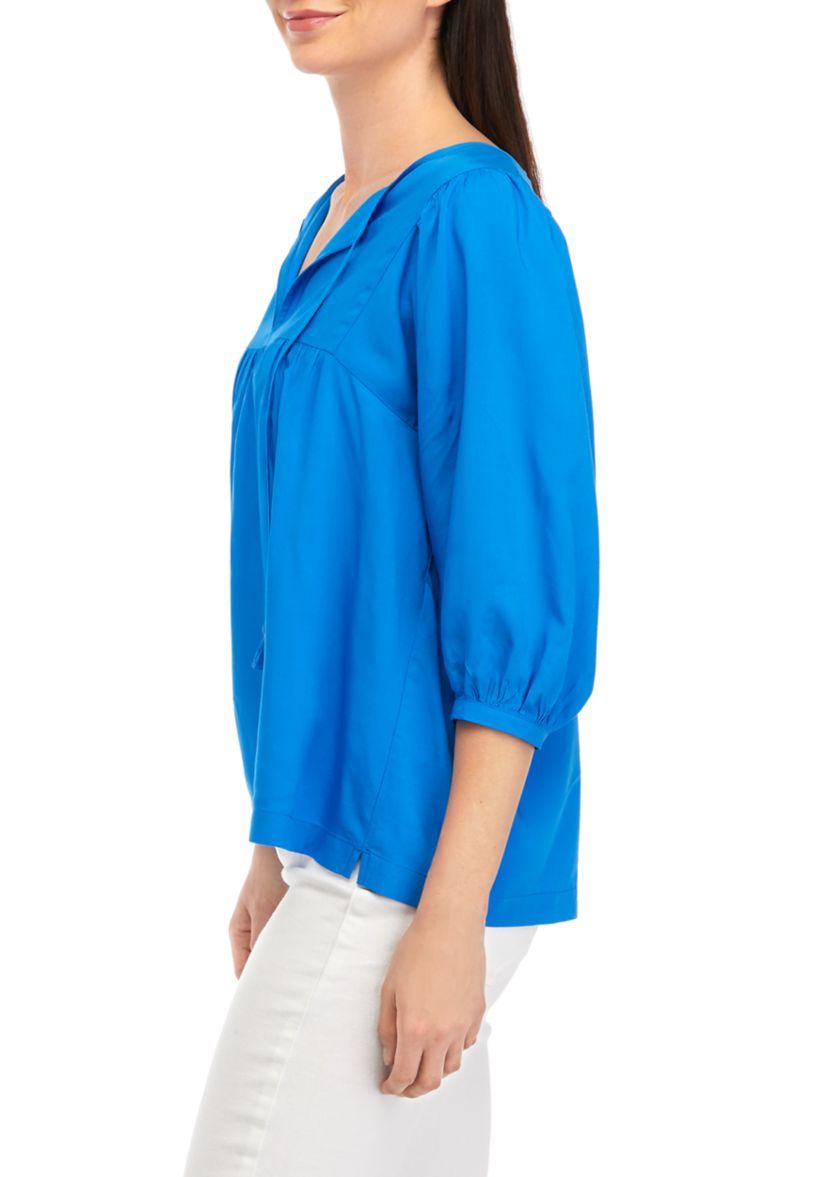 Womens Blouson Tie Neck Peasant Top