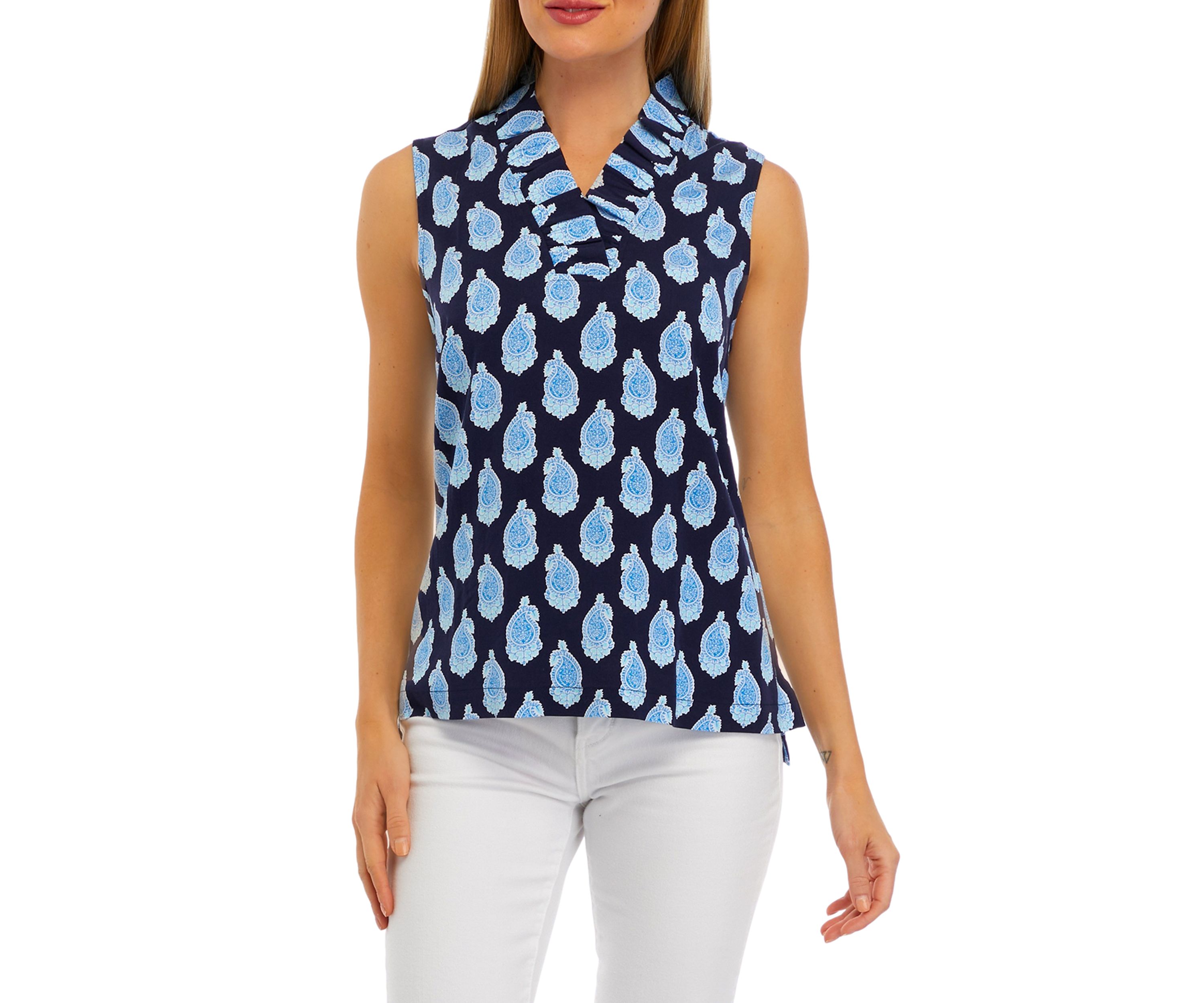 Womens Sleeveless Ruffle Neck Printed Top
