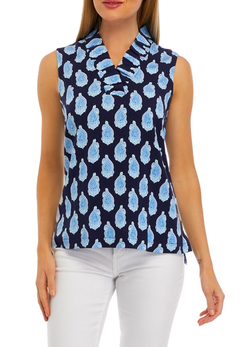 Womens Sleeveless Ruffle Neck Printed Top