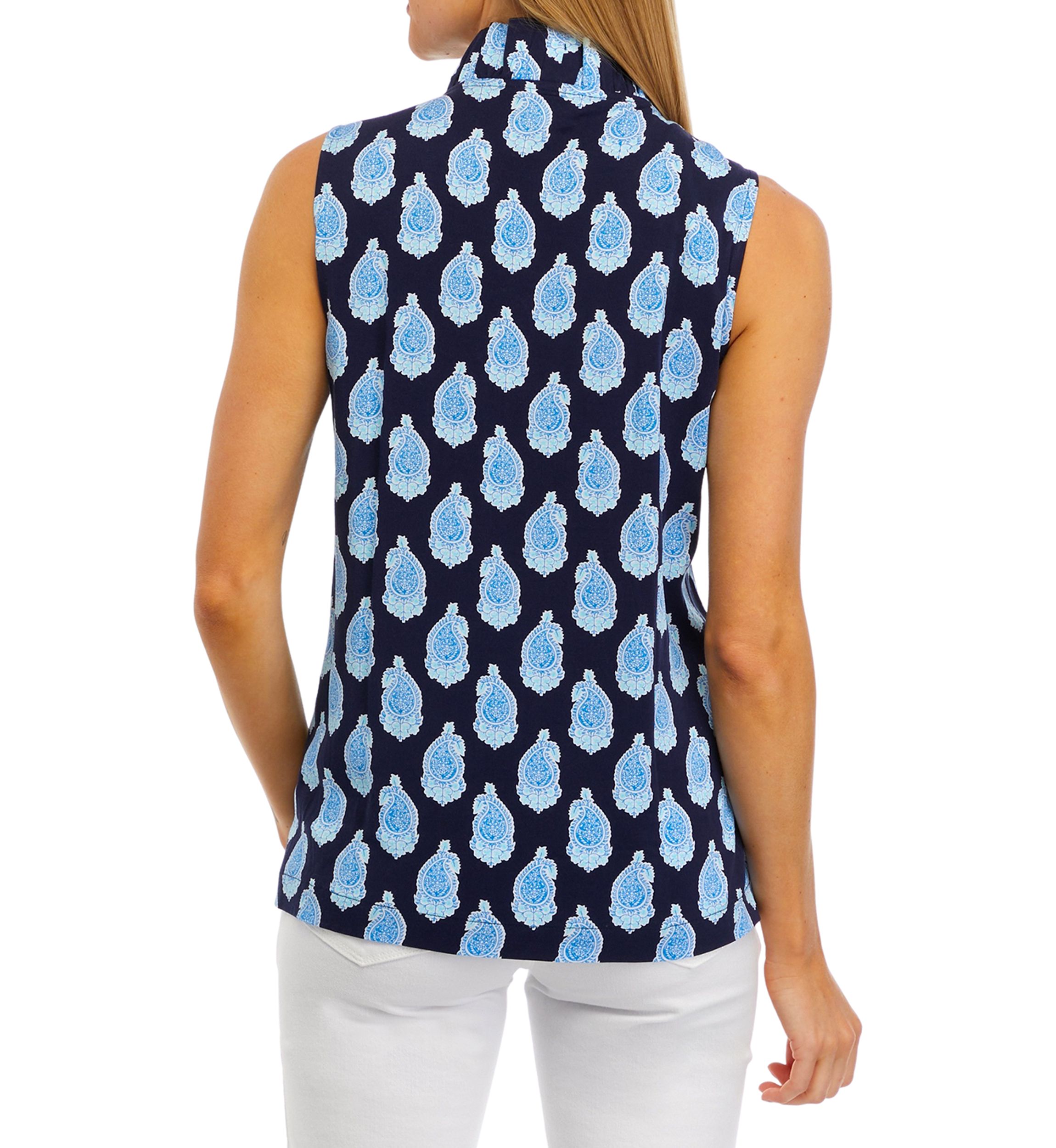 Womens Sleeveless Ruffle Neck Printed Top