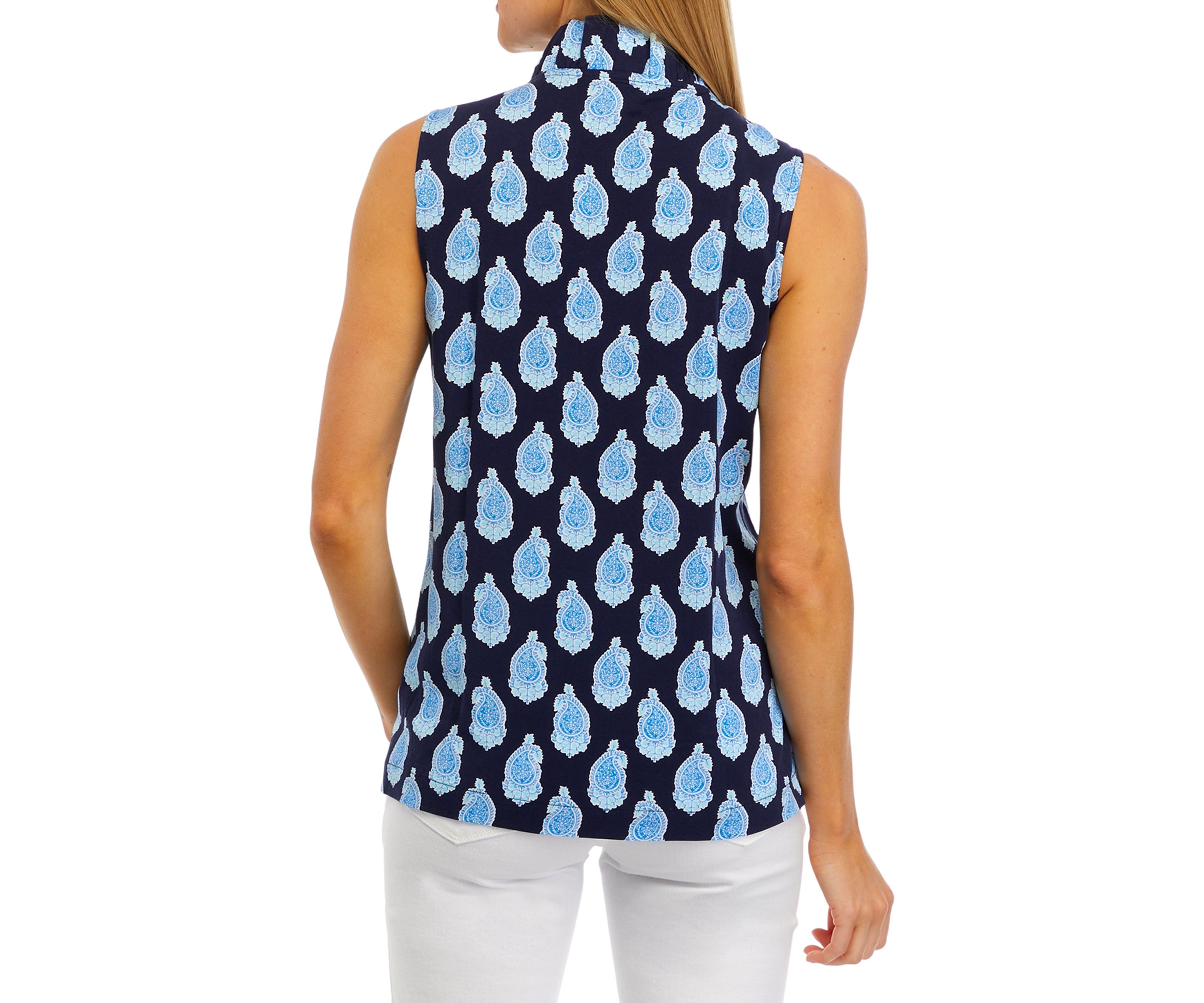 Womens Sleeveless Ruffle Neck Printed Top