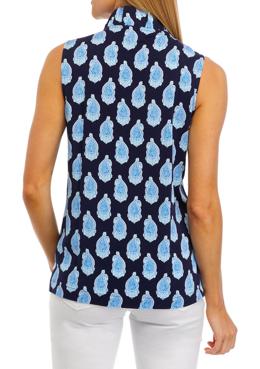 Womens Sleeveless Ruffle Neck Printed Top
