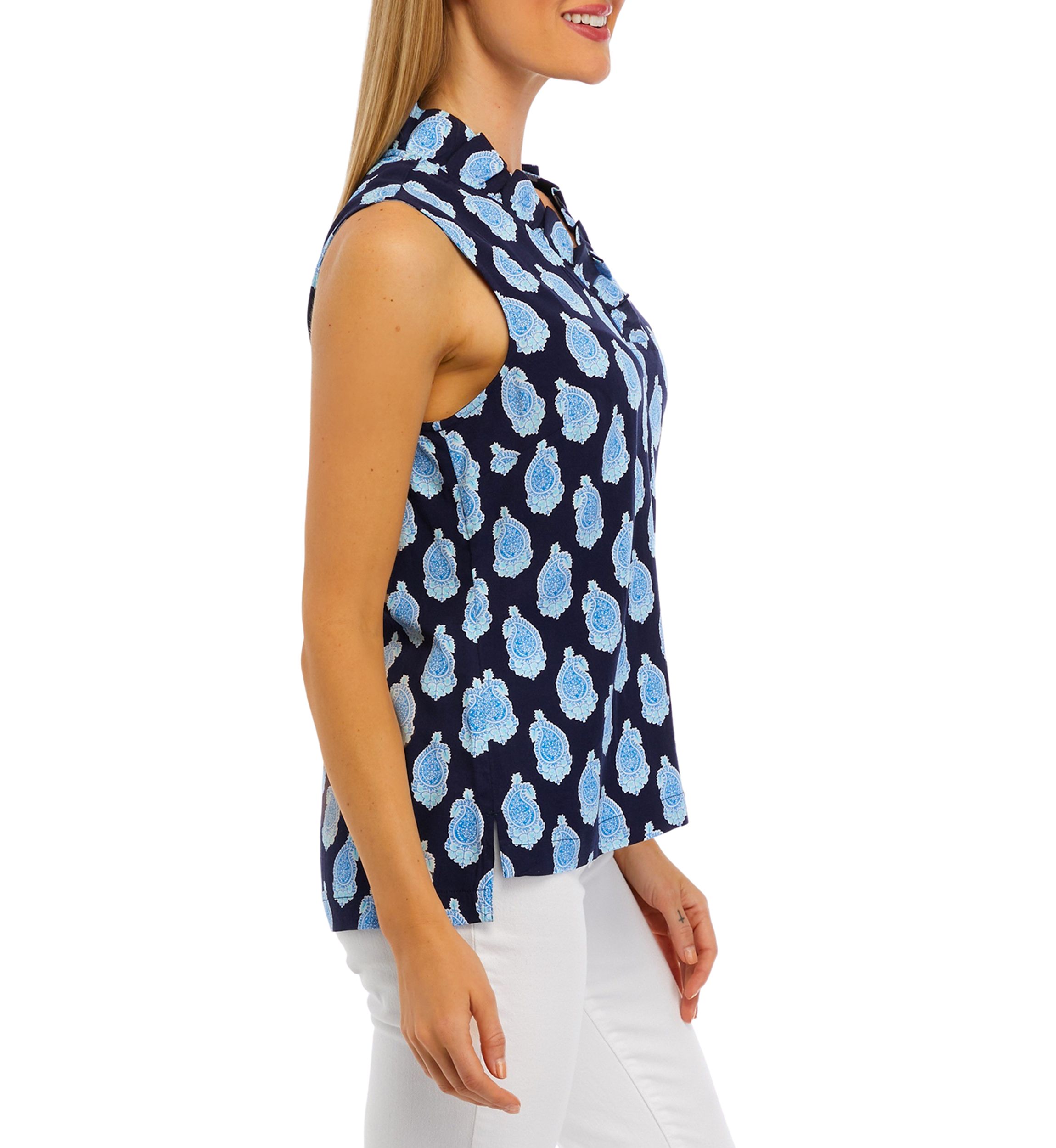 Womens Sleeveless Ruffle Neck Printed Top