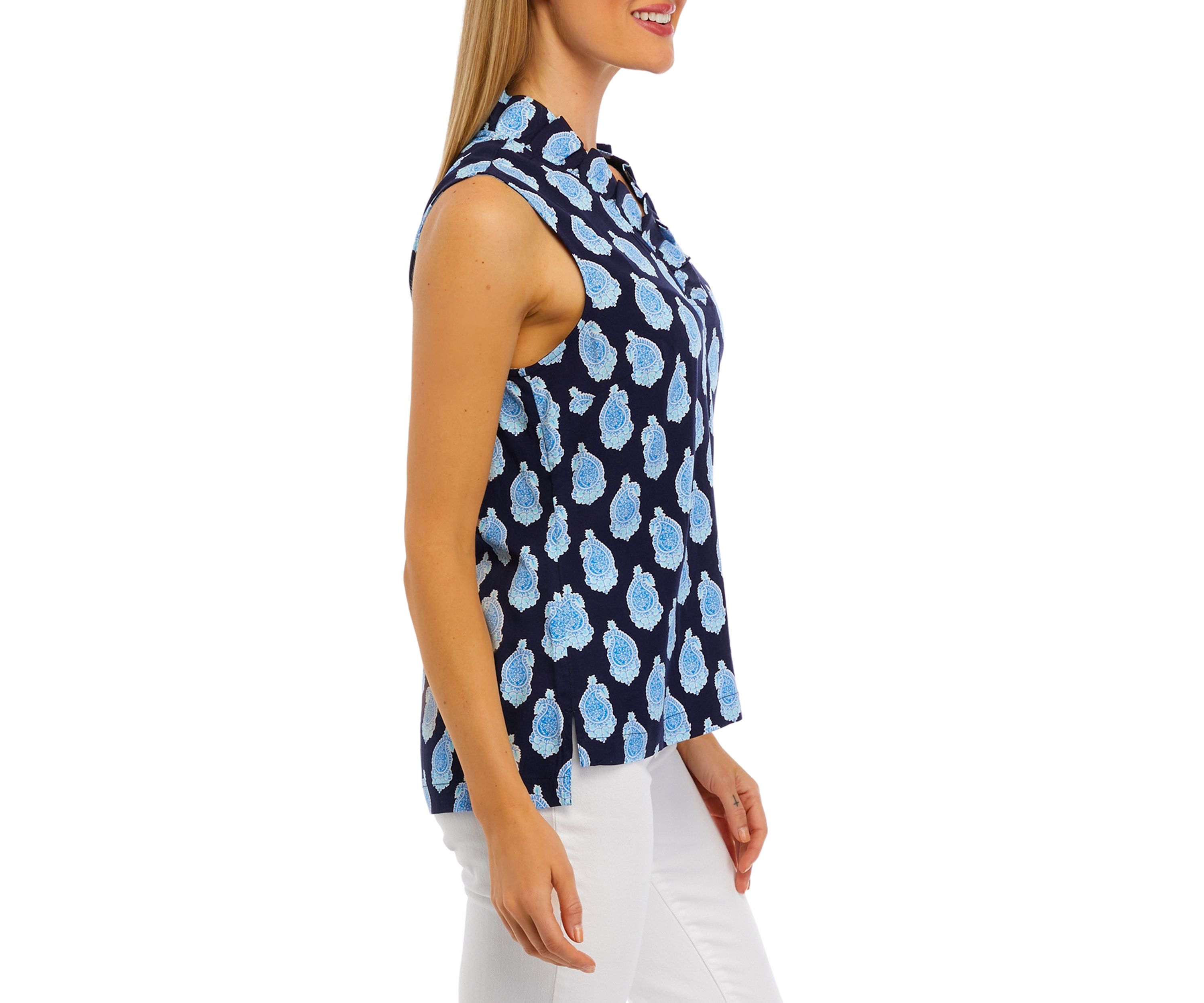 Womens Sleeveless Ruffle Neck Printed Top