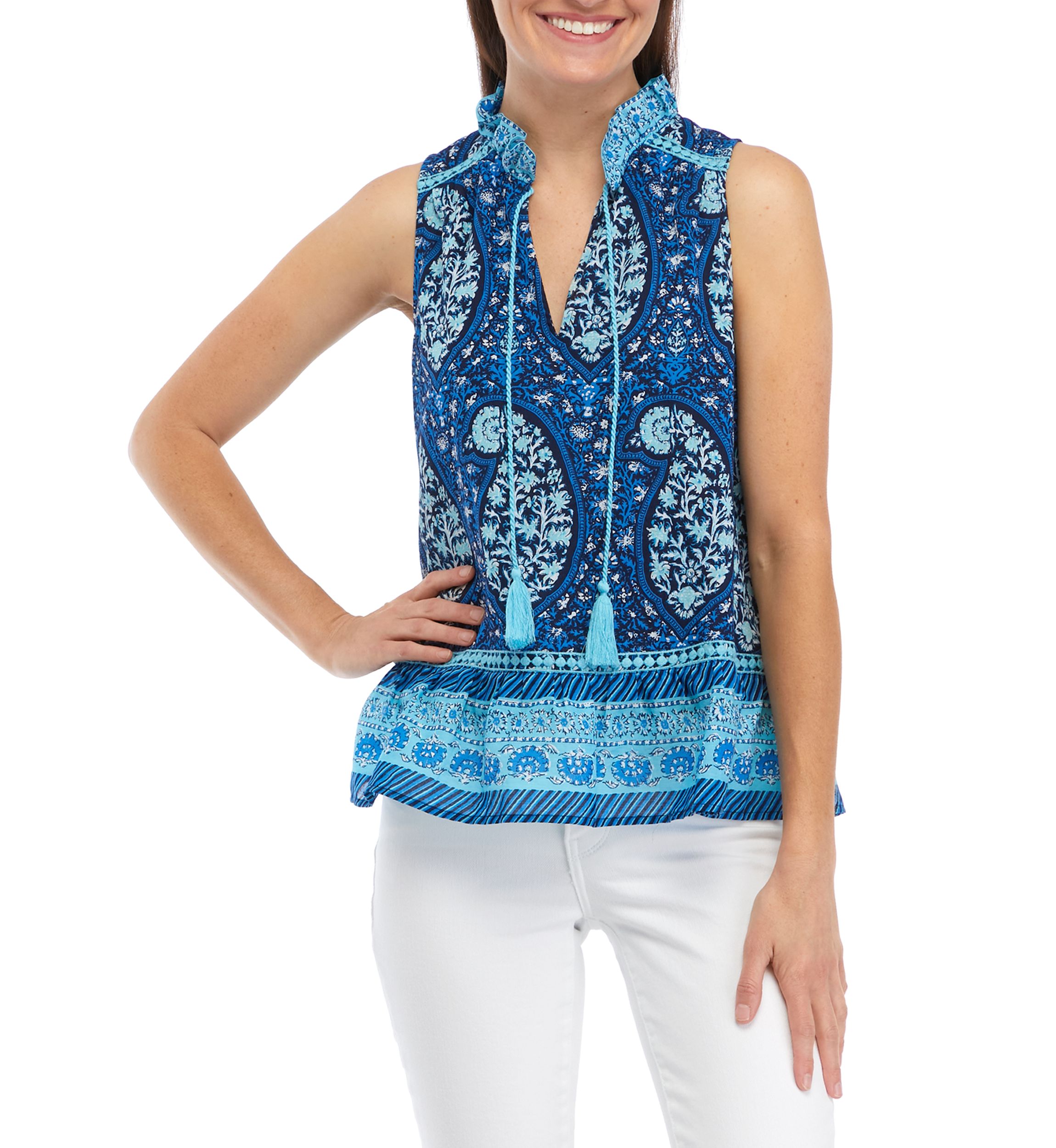 Womens Sleeveless Crochet Printed Peasant Top