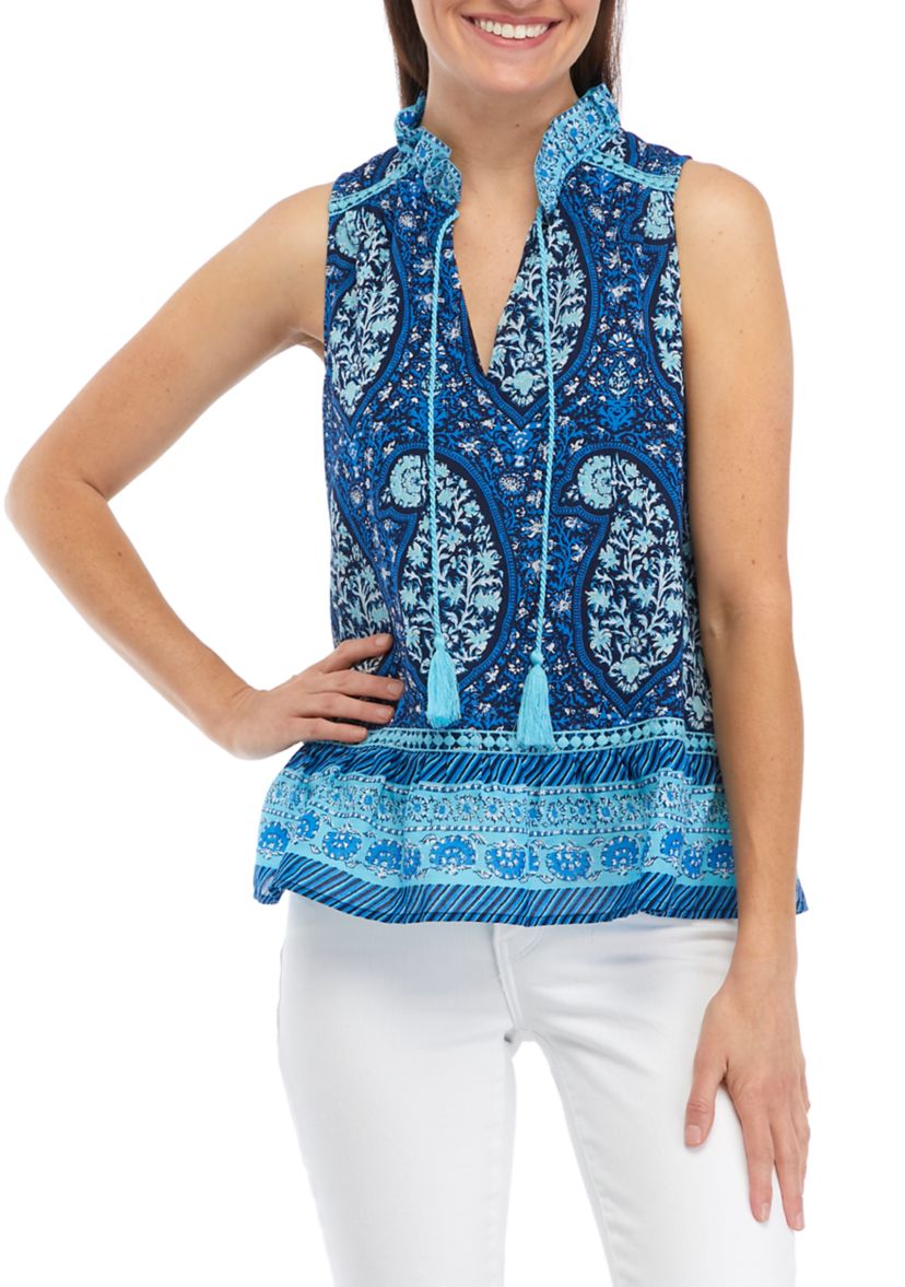 Womens Sleeveless Crochet Printed Peasant Top