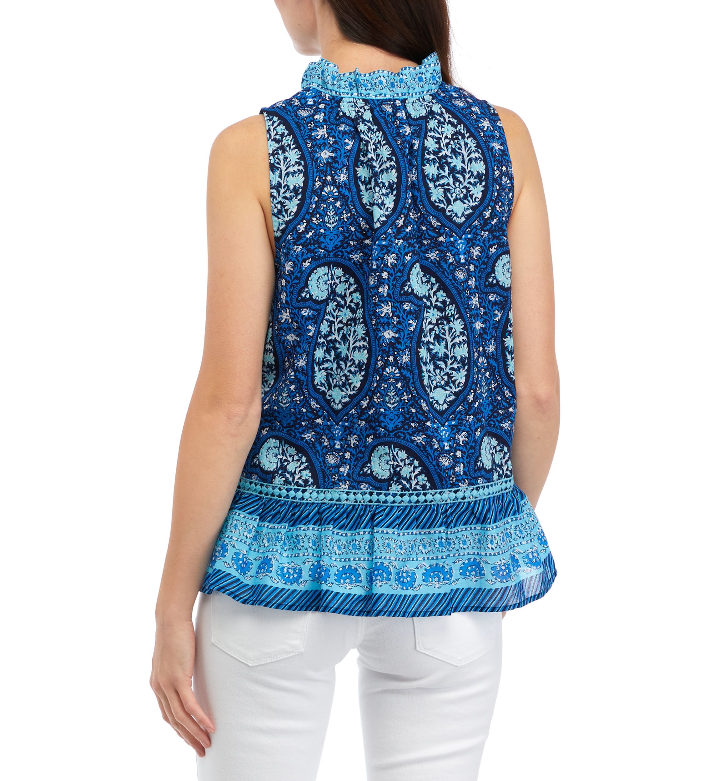 Womens Sleeveless Crochet Printed Peasant Top