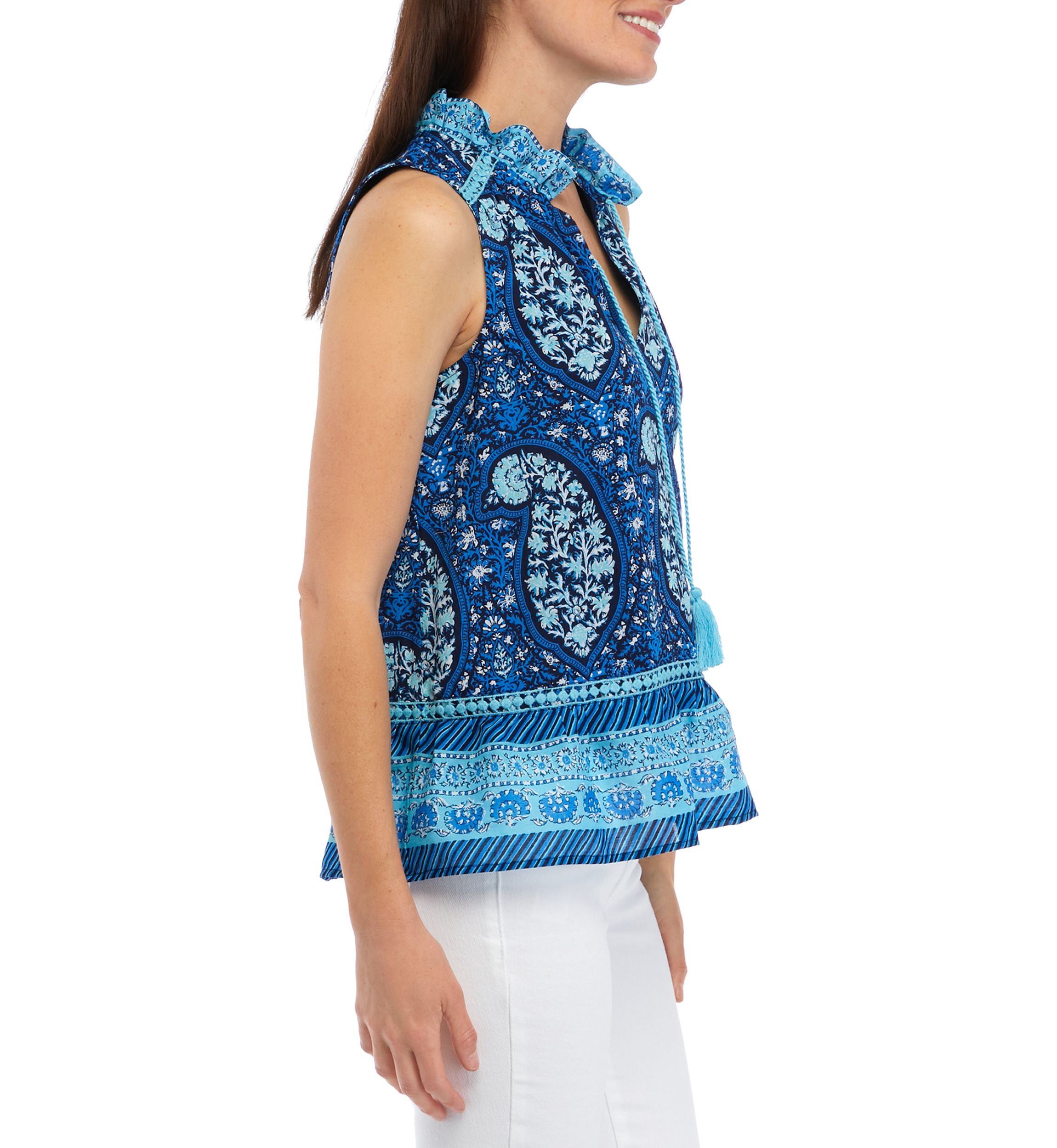 Womens Sleeveless Crochet Printed Peasant Top