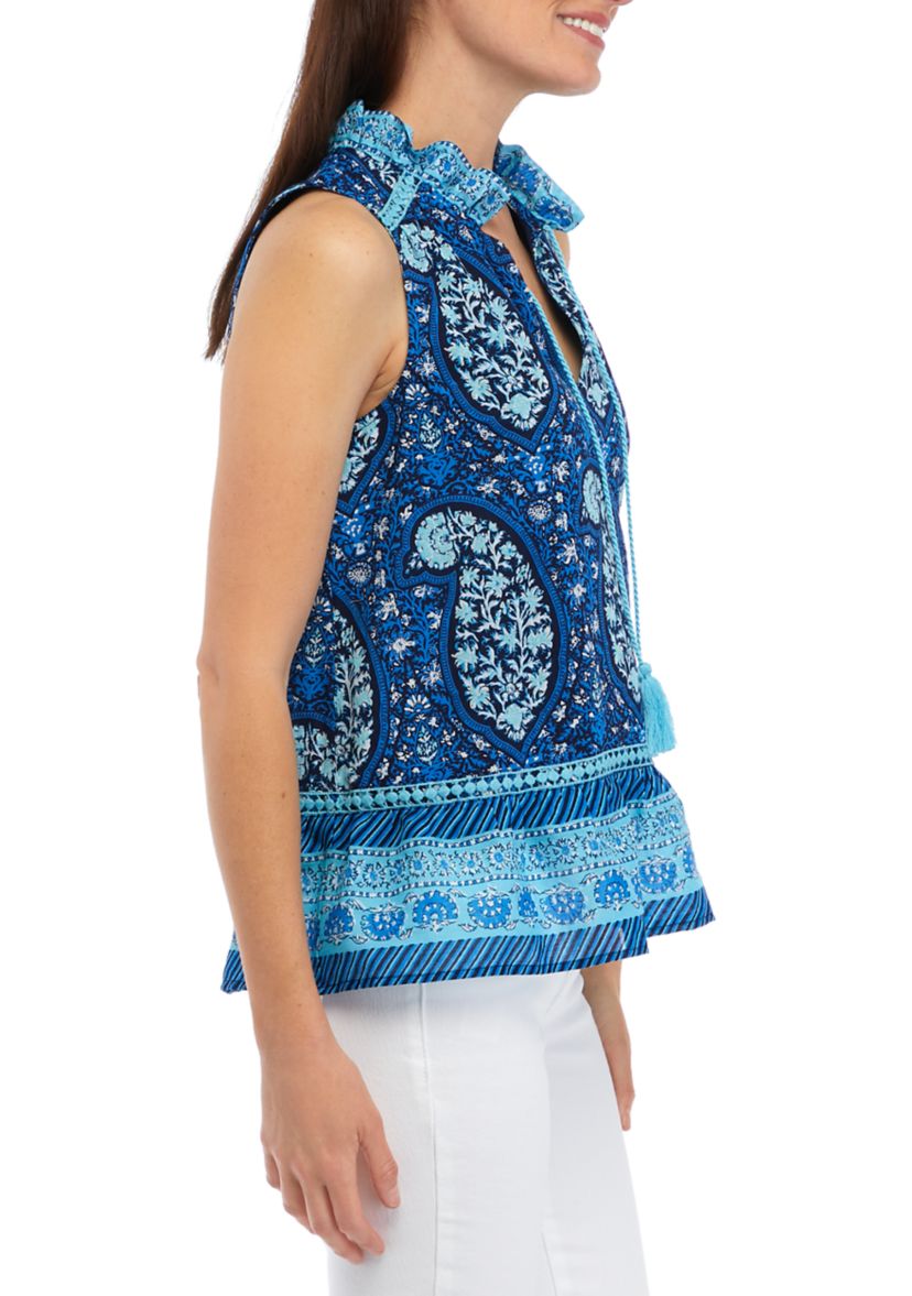 Womens Sleeveless Crochet Printed Peasant Top