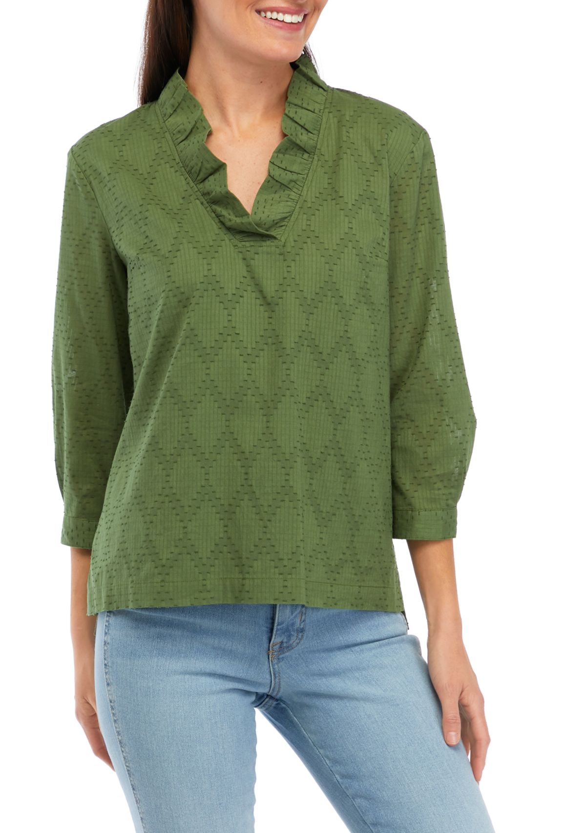 Womens 3/4 Sleeve Ruffle Neck Top