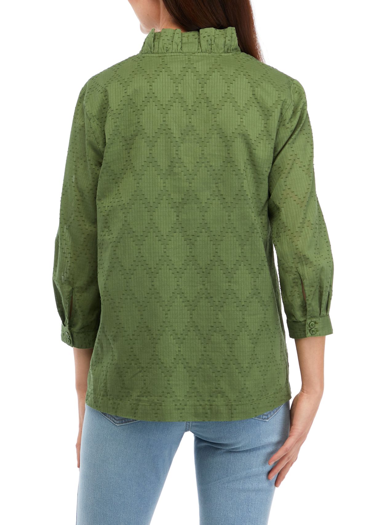 Womens 3/4 Sleeve Ruffle Neck Top