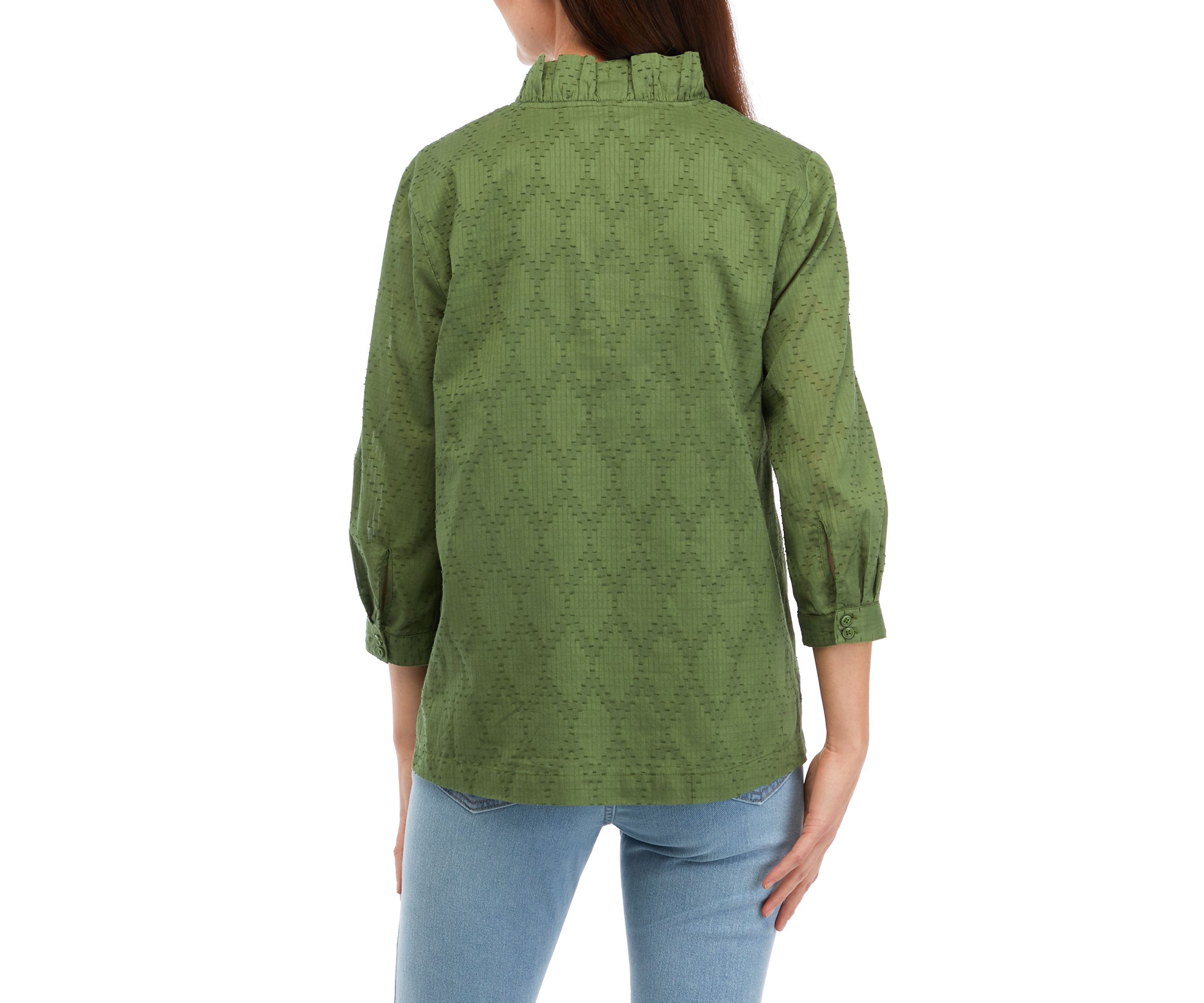 Womens 3/4 Sleeve Ruffle Neck Top