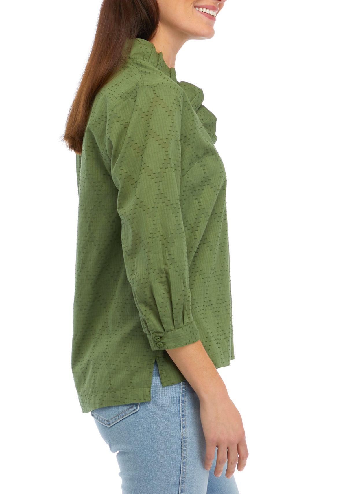 Womens 3/4 Sleeve Ruffle Neck Top