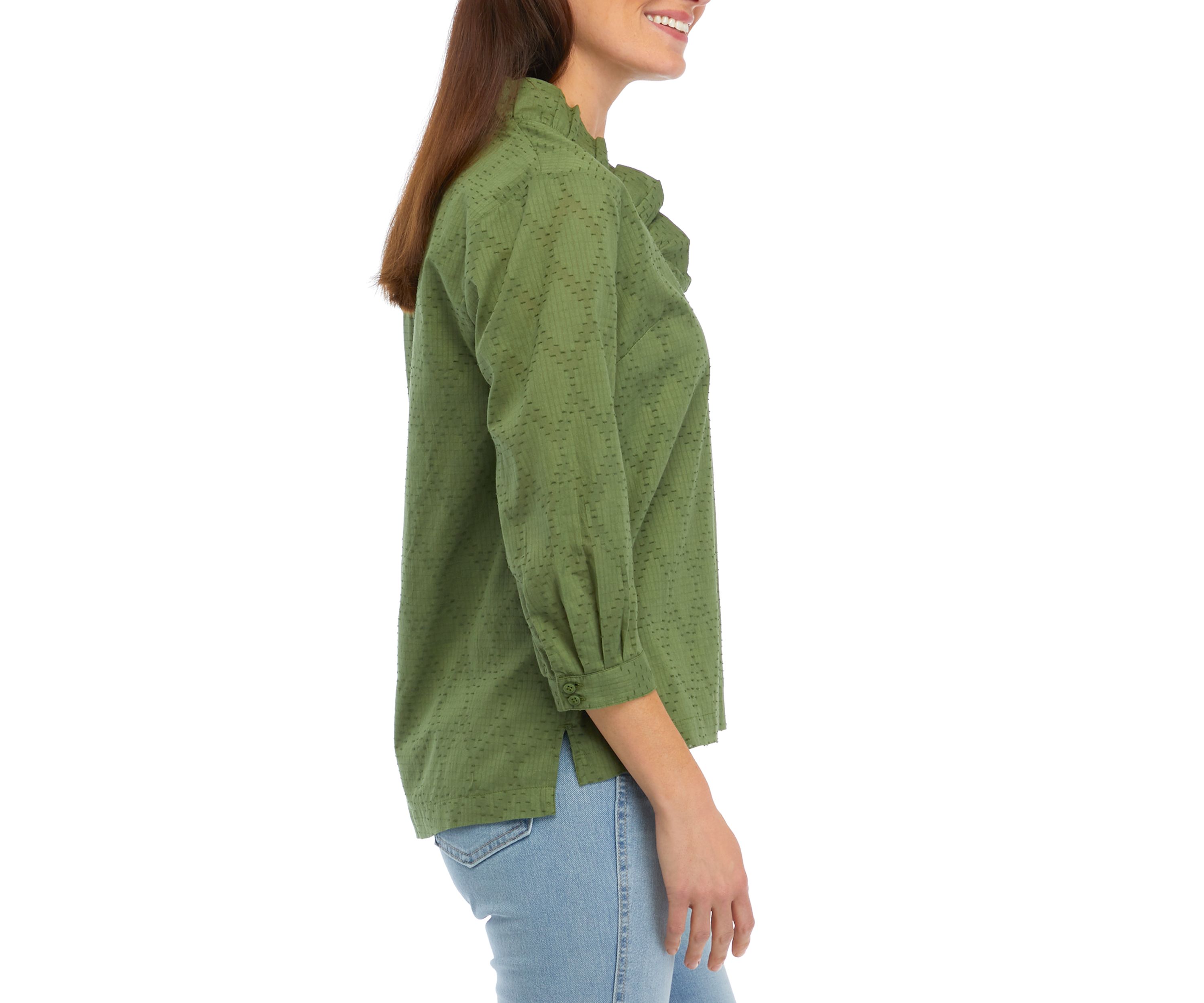 Womens 3/4 Sleeve Ruffle Neck Top