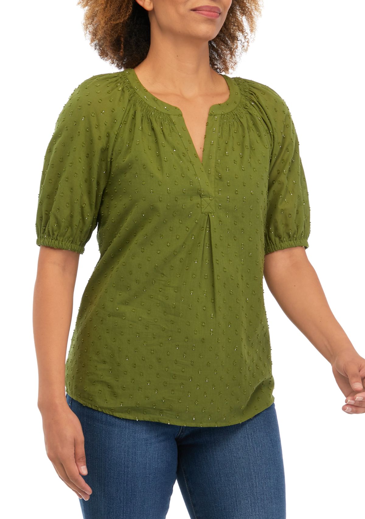 Womens Puff Sleeve Clip Dot Peasant Top 