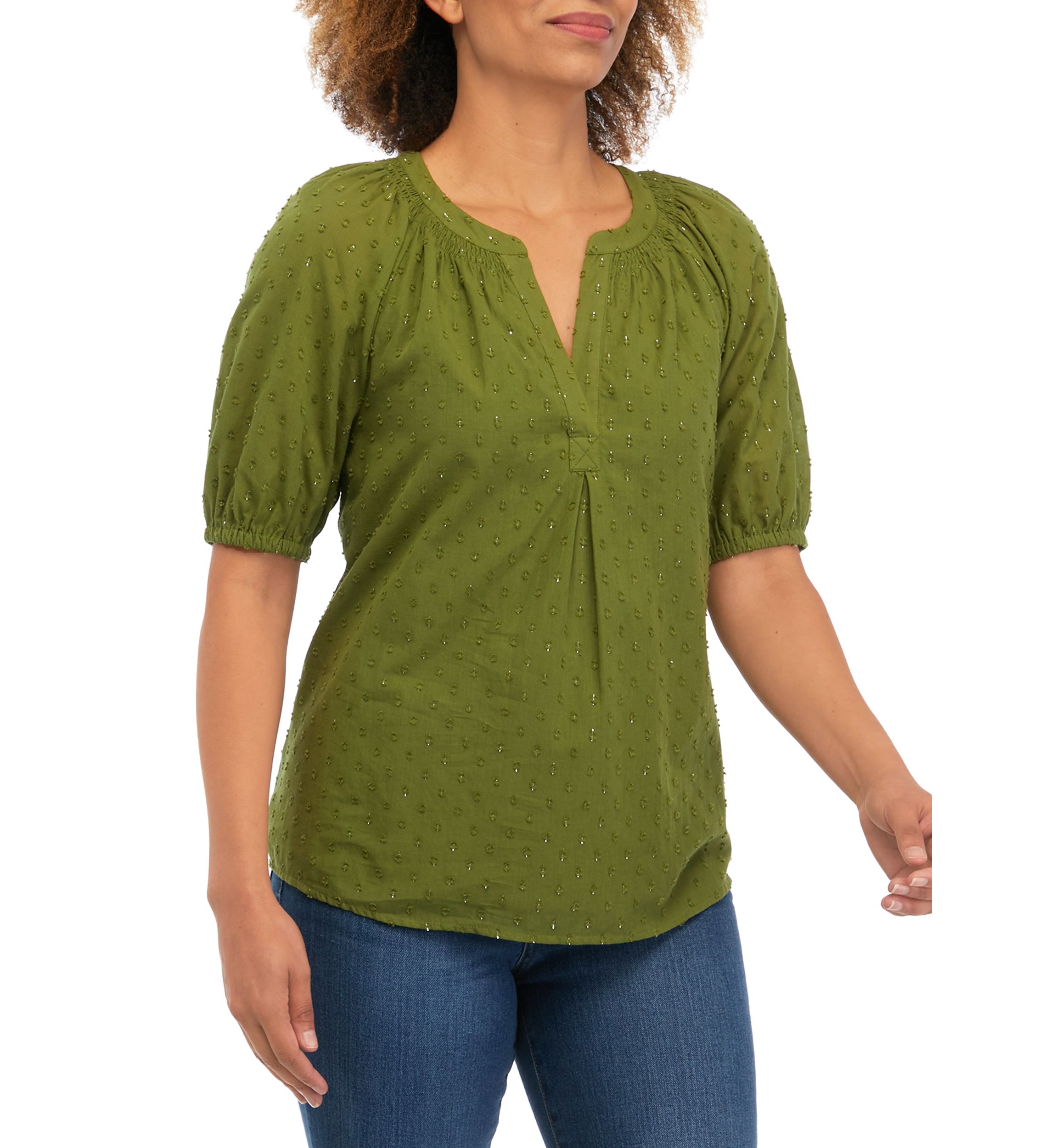 Womens Puff Sleeve Clip Dot Peasant Top 