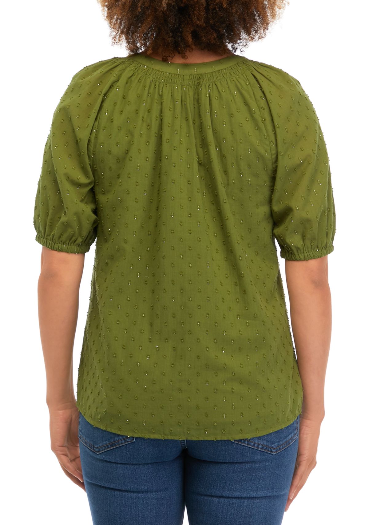 Womens Puff Sleeve Clip Dot Peasant Top 