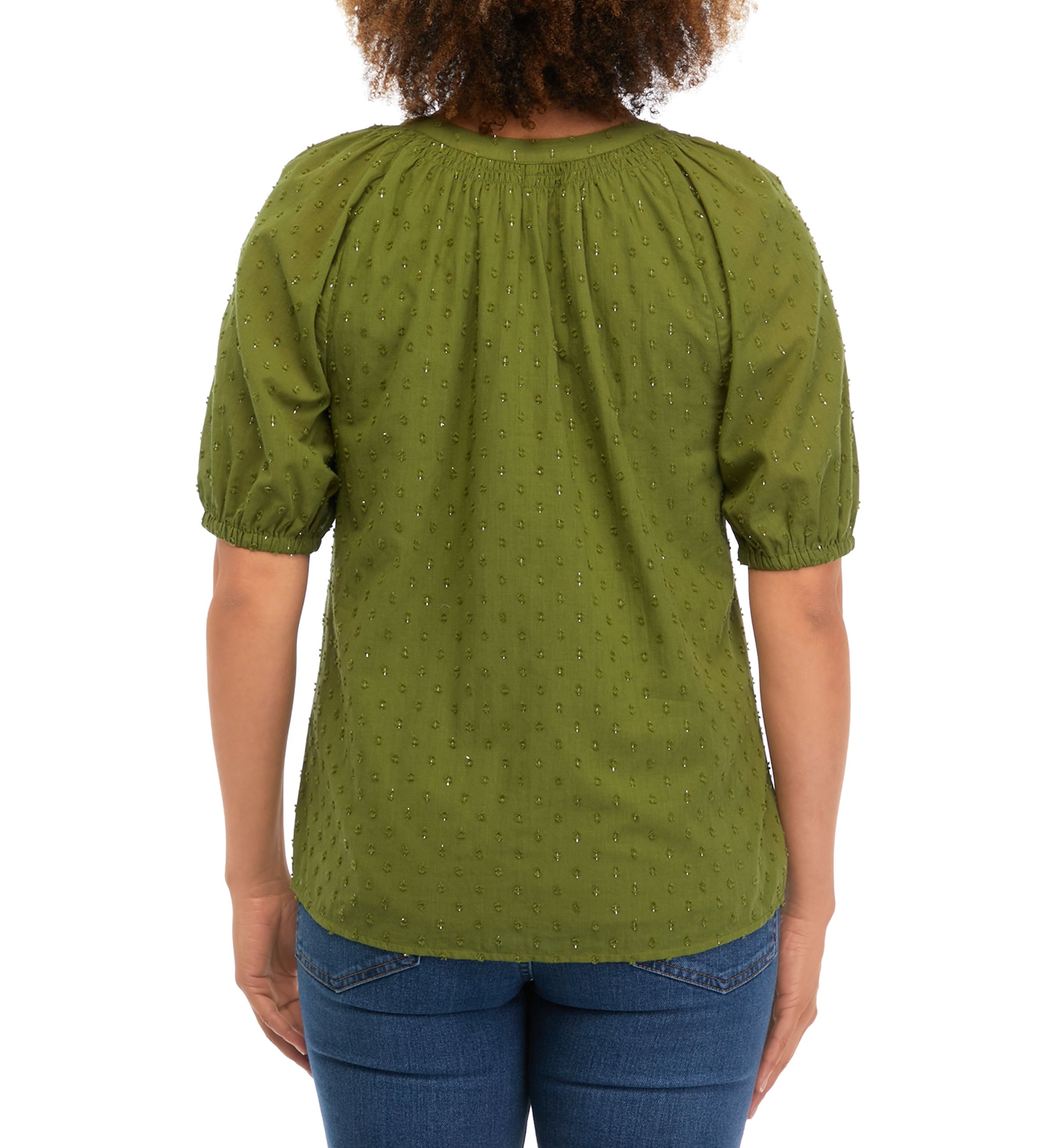 Womens Puff Sleeve Clip Dot Peasant Top 