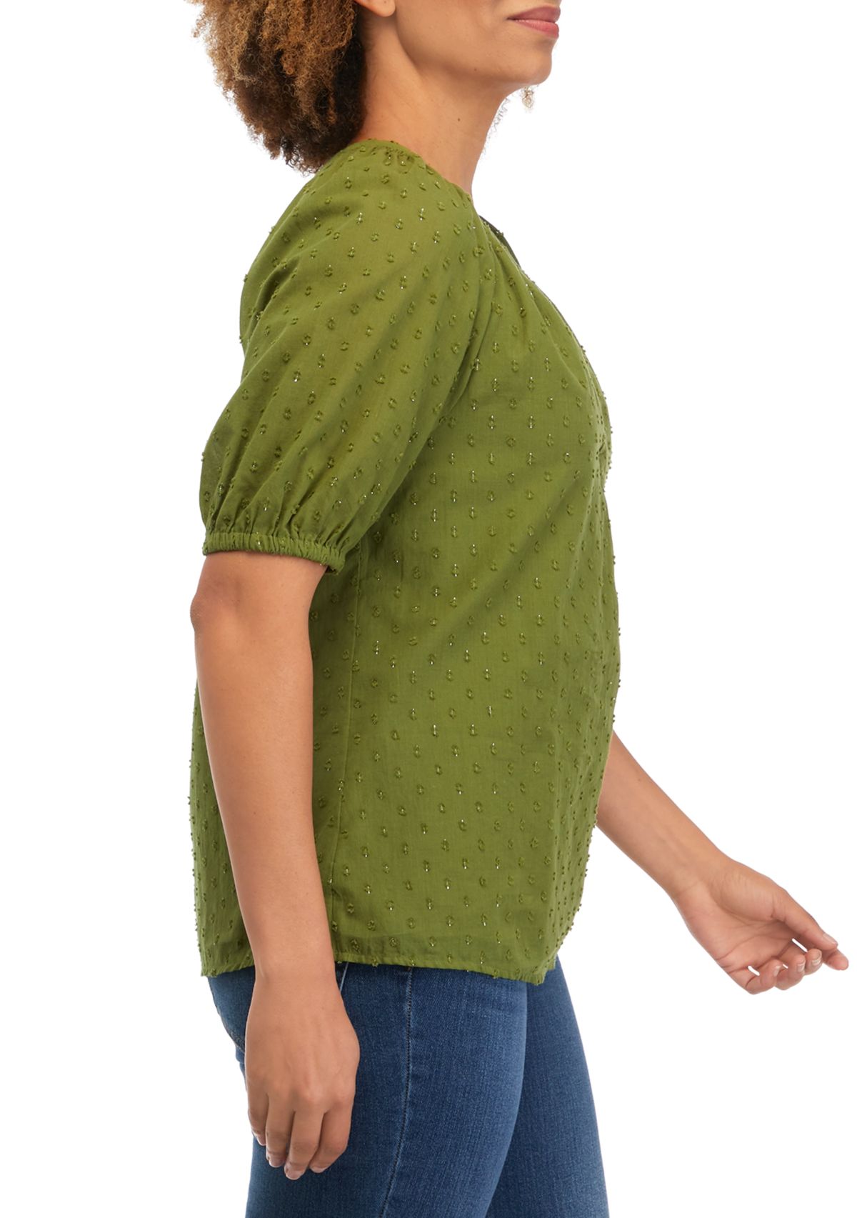 Womens Puff Sleeve Clip Dot Peasant Top 