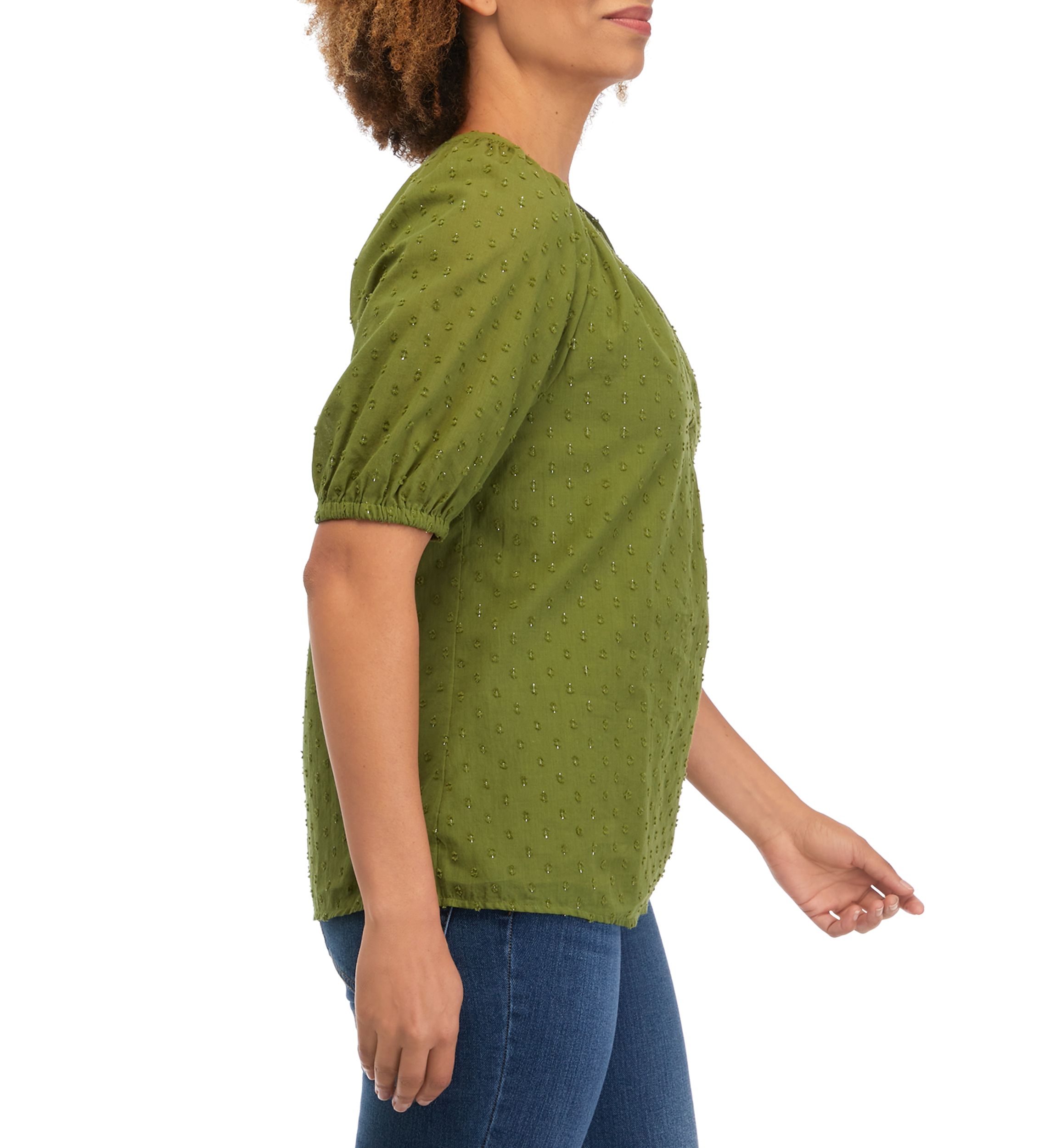 Womens Puff Sleeve Clip Dot Peasant Top 