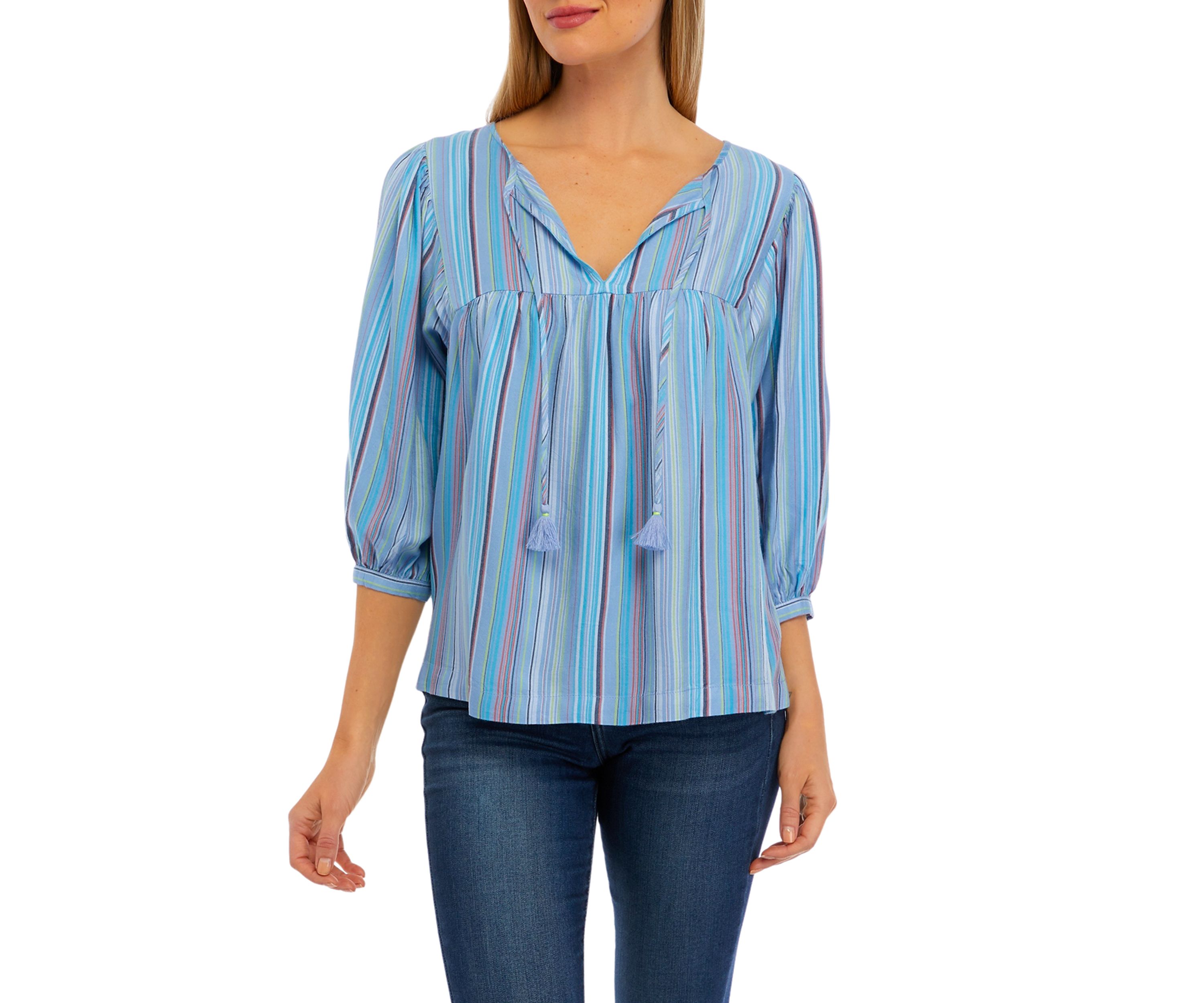 Womens 3/4 Sleeve Bib Knit Peasant Top