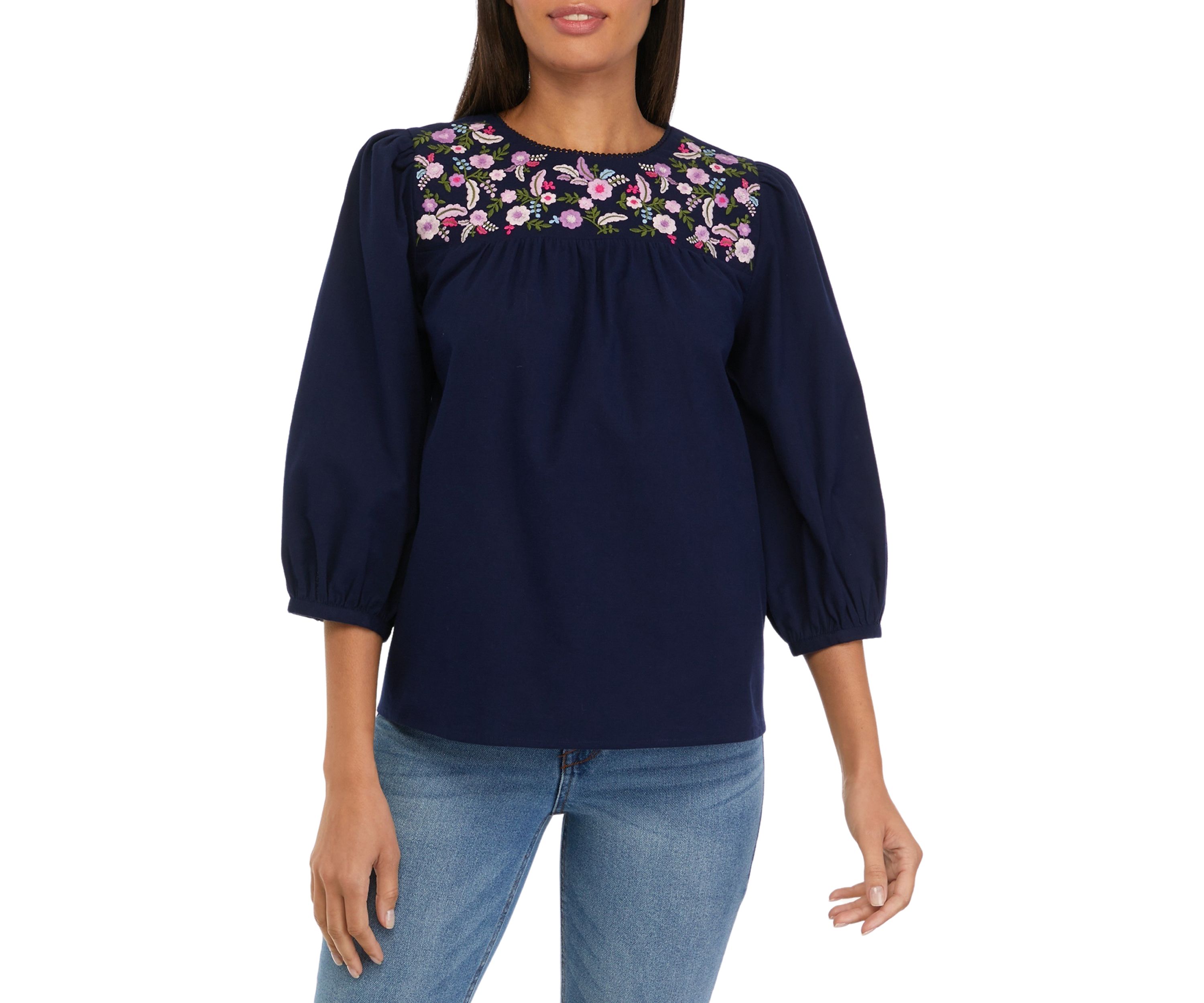 Womens Embroidered Yoke Peasant Top