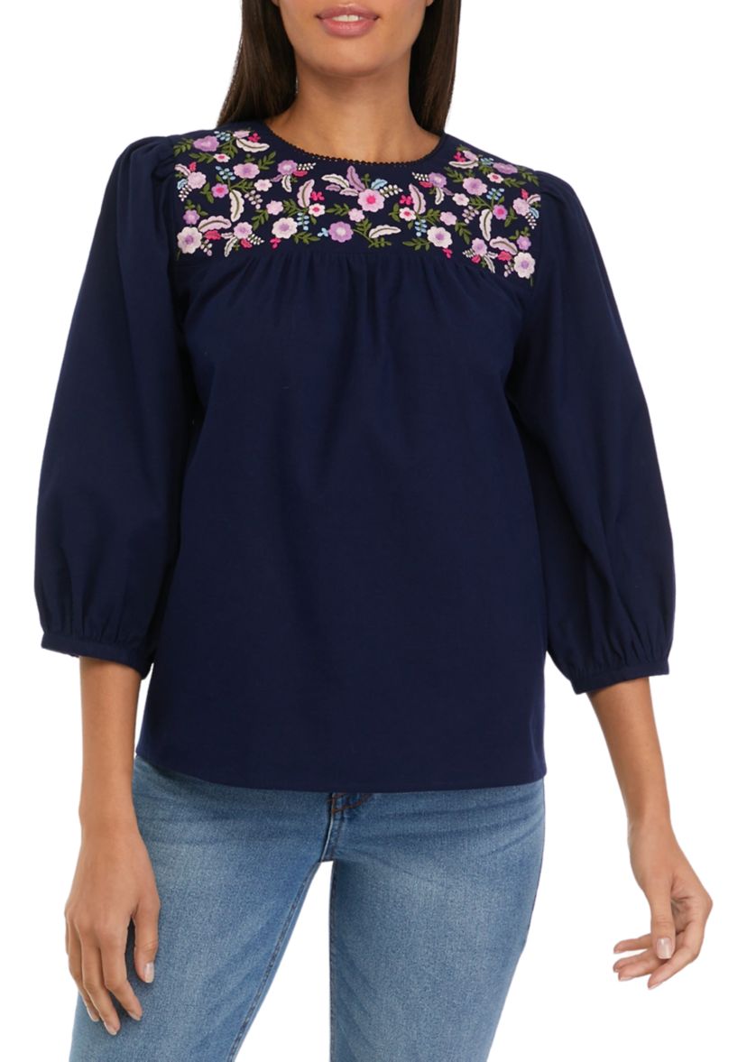 Womens Embroidered Yoke Peasant Top