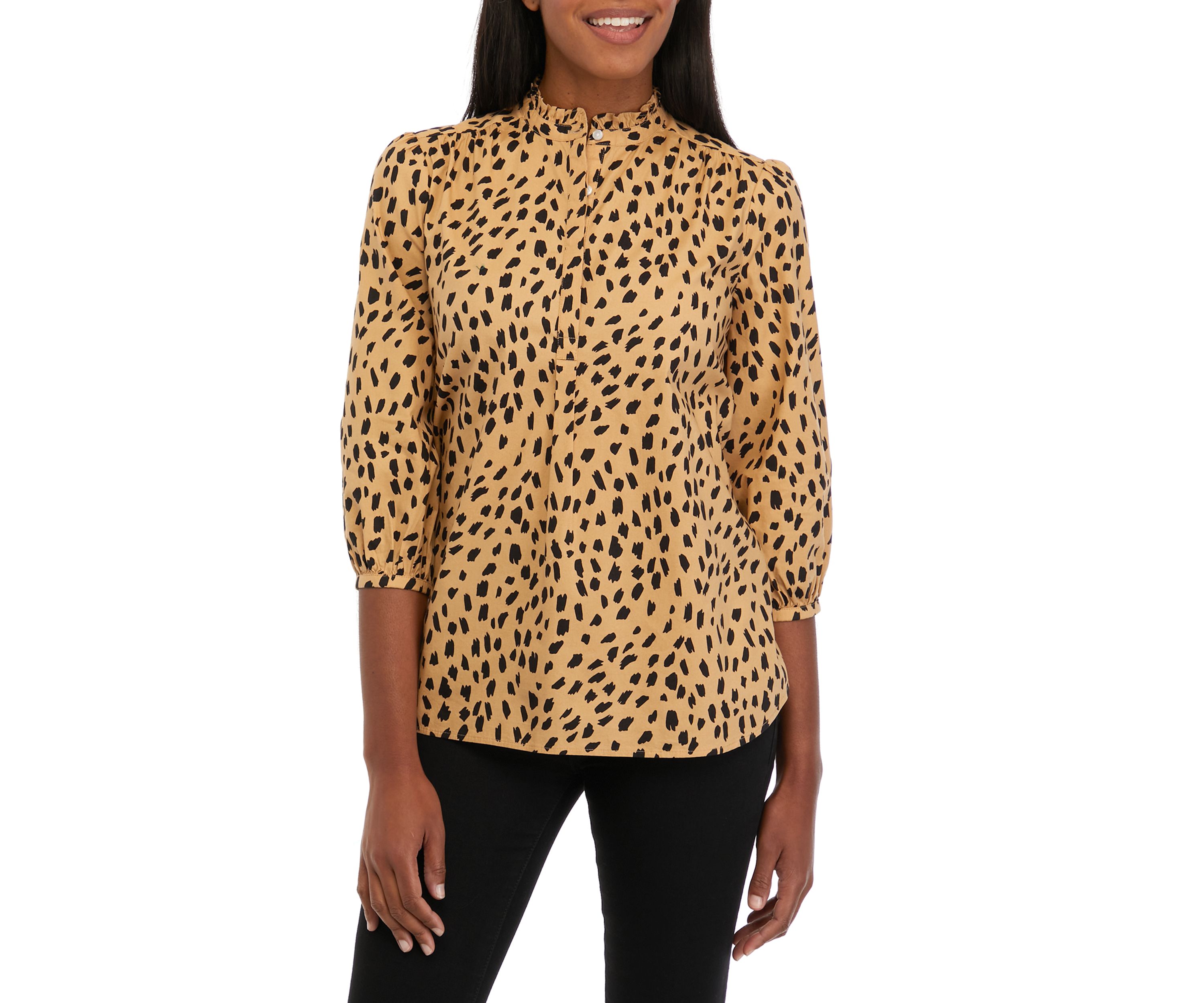 Womens 3/4 Sleeve Ruffle Popover Printed Top