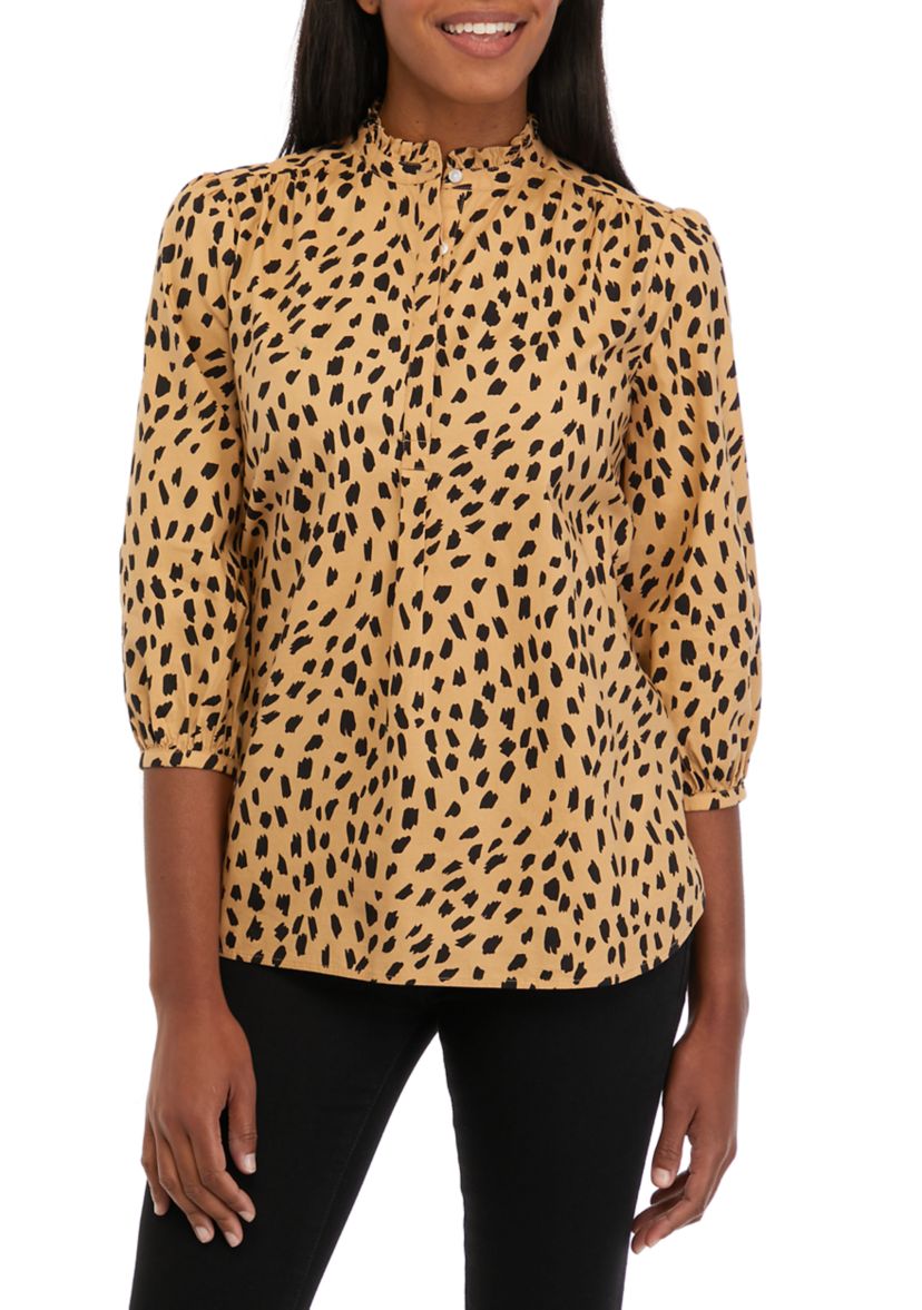 Womens 3/4 Sleeve Ruffle Popover Printed Top