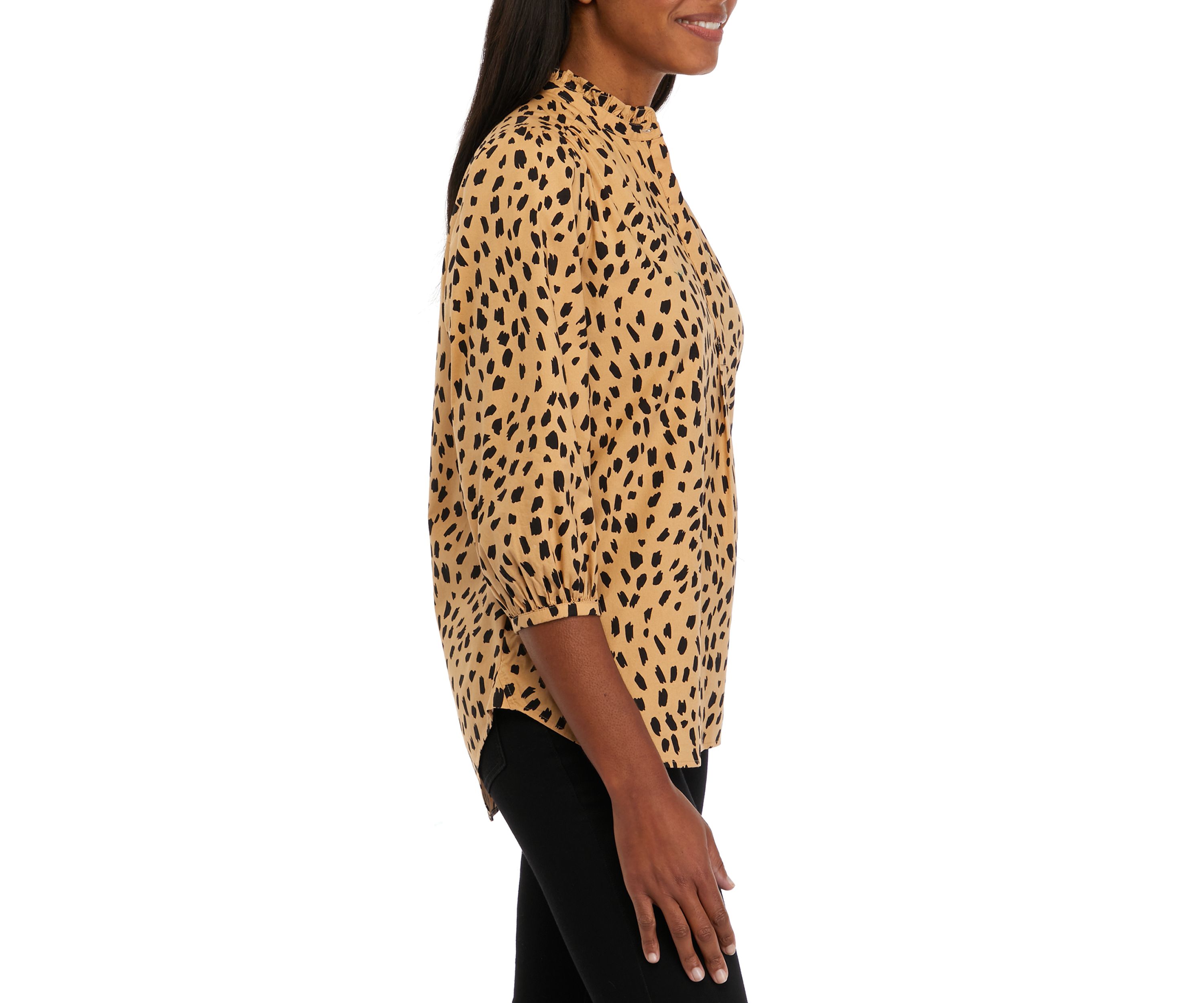 Womens 3/4 Sleeve Ruffle Popover Printed Top
