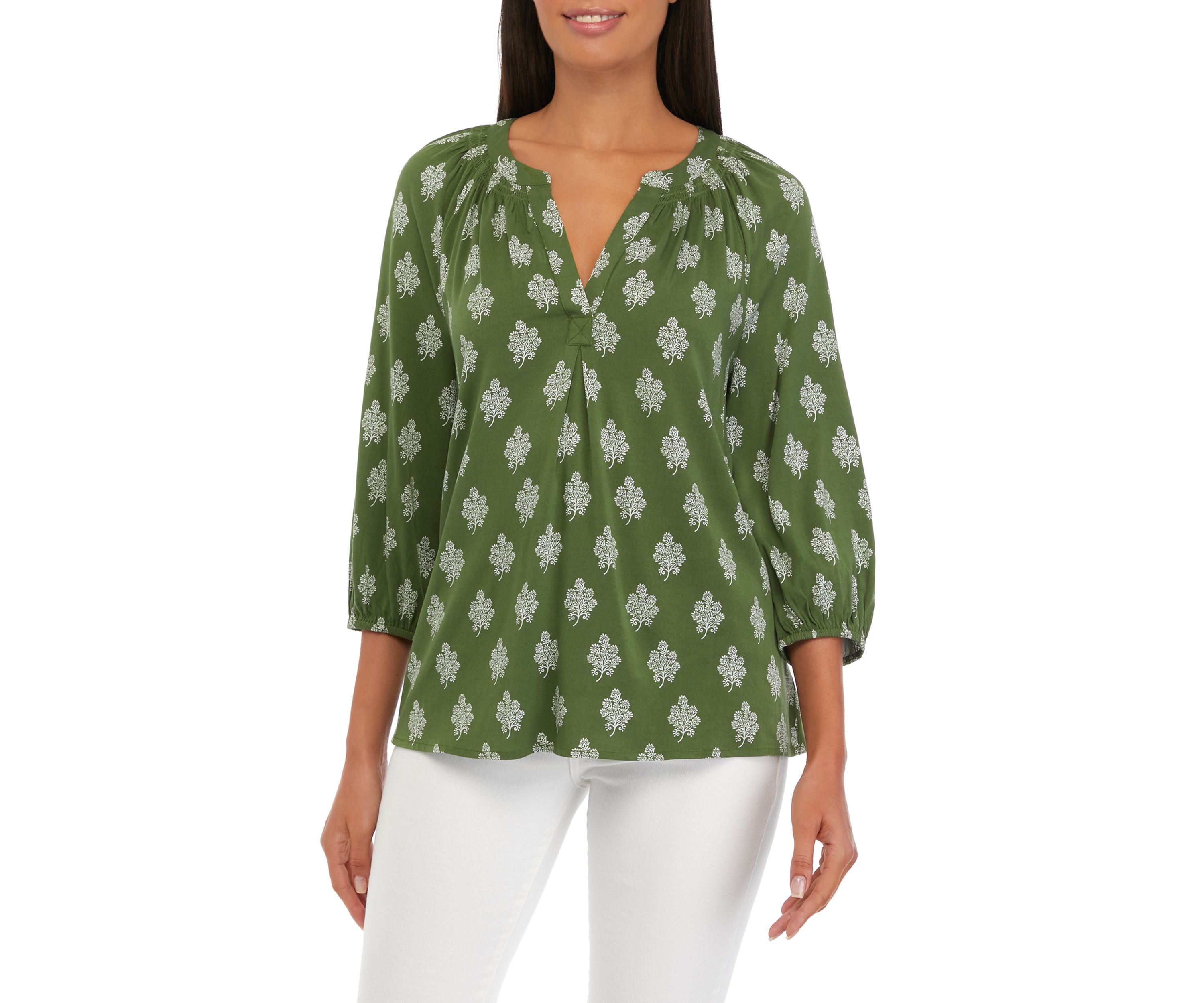 Womens 3/4 Sleeve Printed Peasant Top