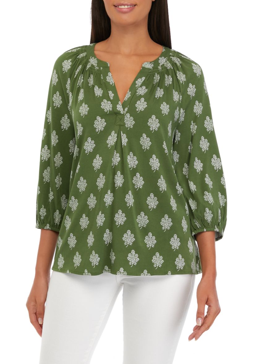 Womens 3/4 Sleeve Printed Peasant Top