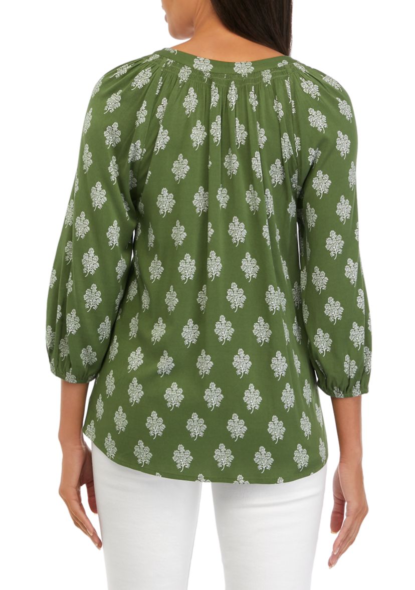 Womens 3/4 Sleeve Printed Peasant Top