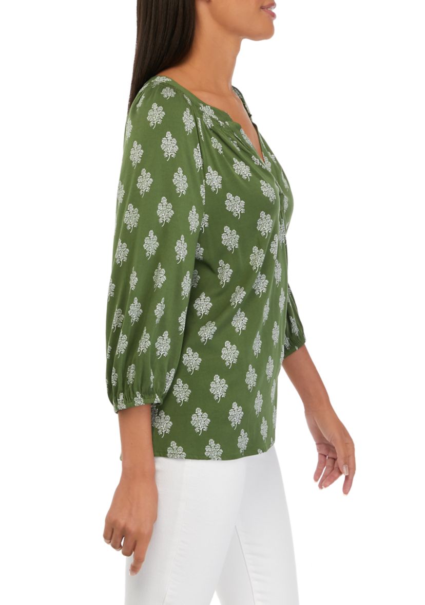 Womens 3/4 Sleeve Printed Peasant Top