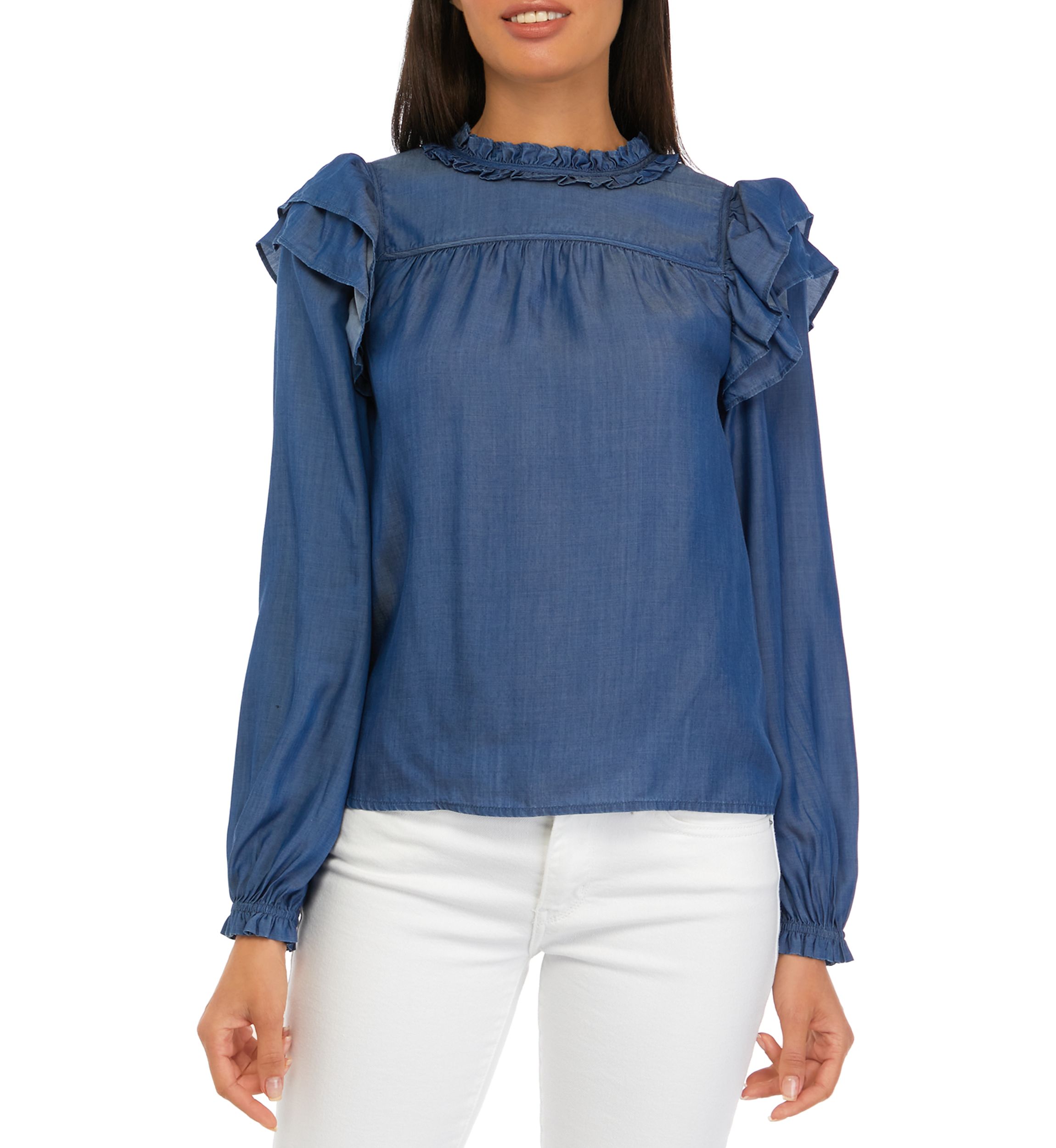 Womens Long Sleeve Ruffle Tencel Top