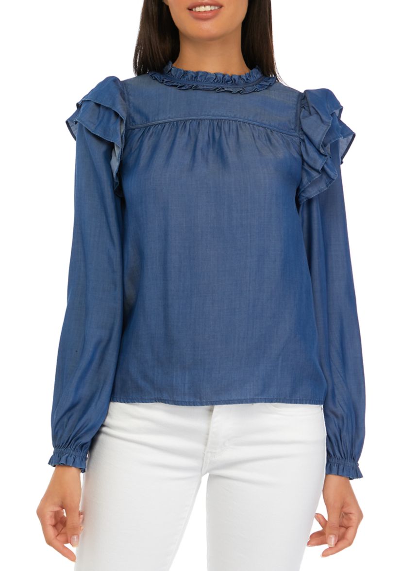 Womens Long Sleeve Ruffle Tencel Top