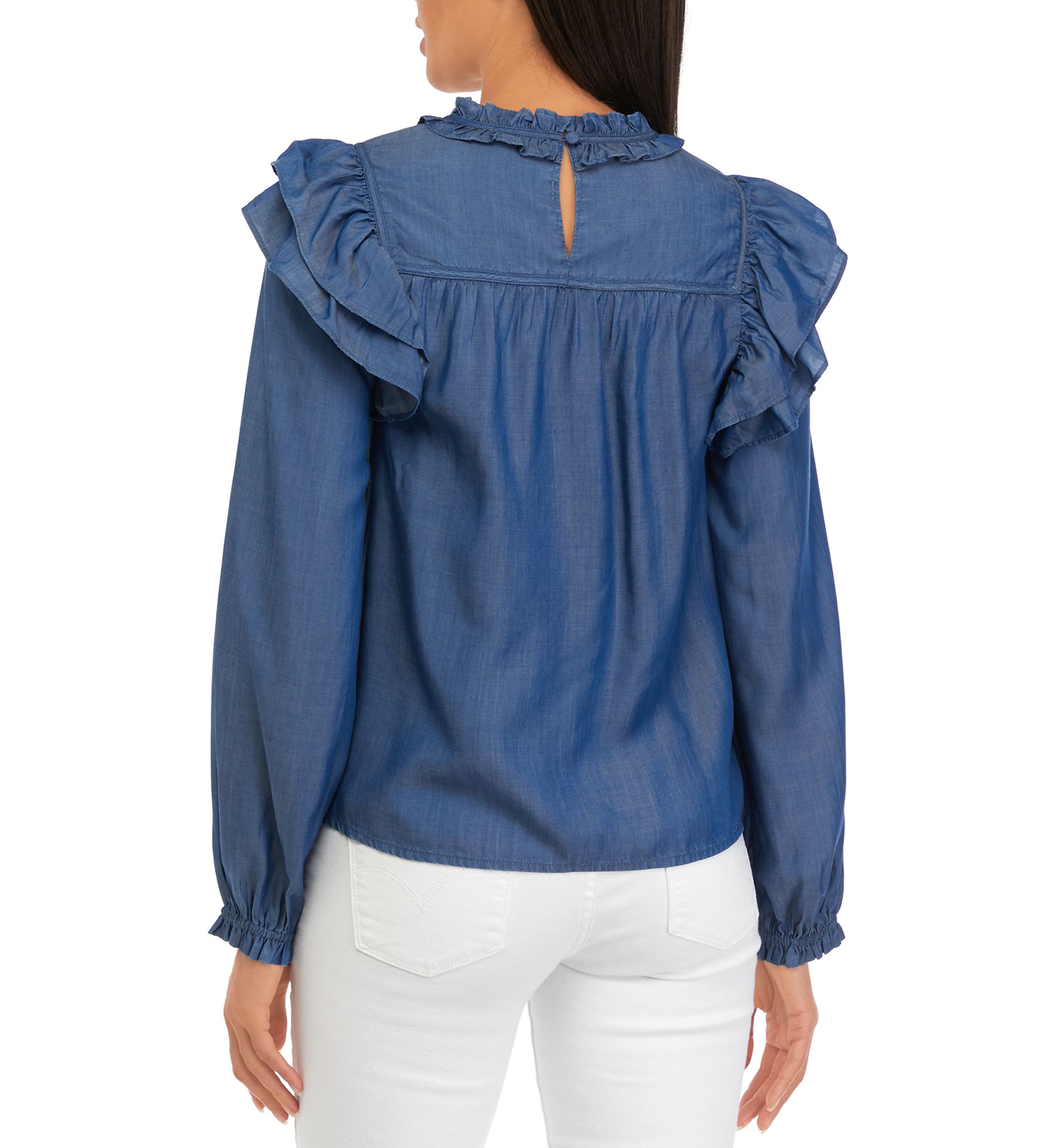 Womens Long Sleeve Ruffle Tencel Top