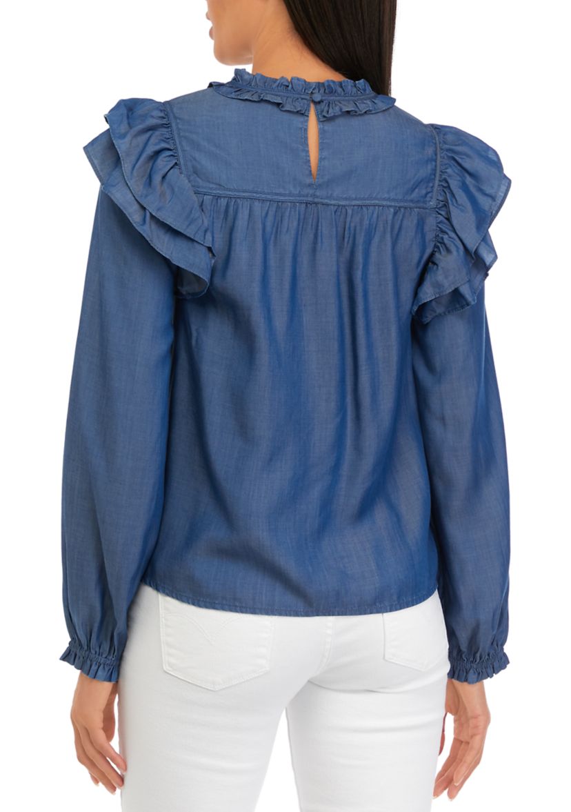 Womens Long Sleeve Ruffle Tencel Top